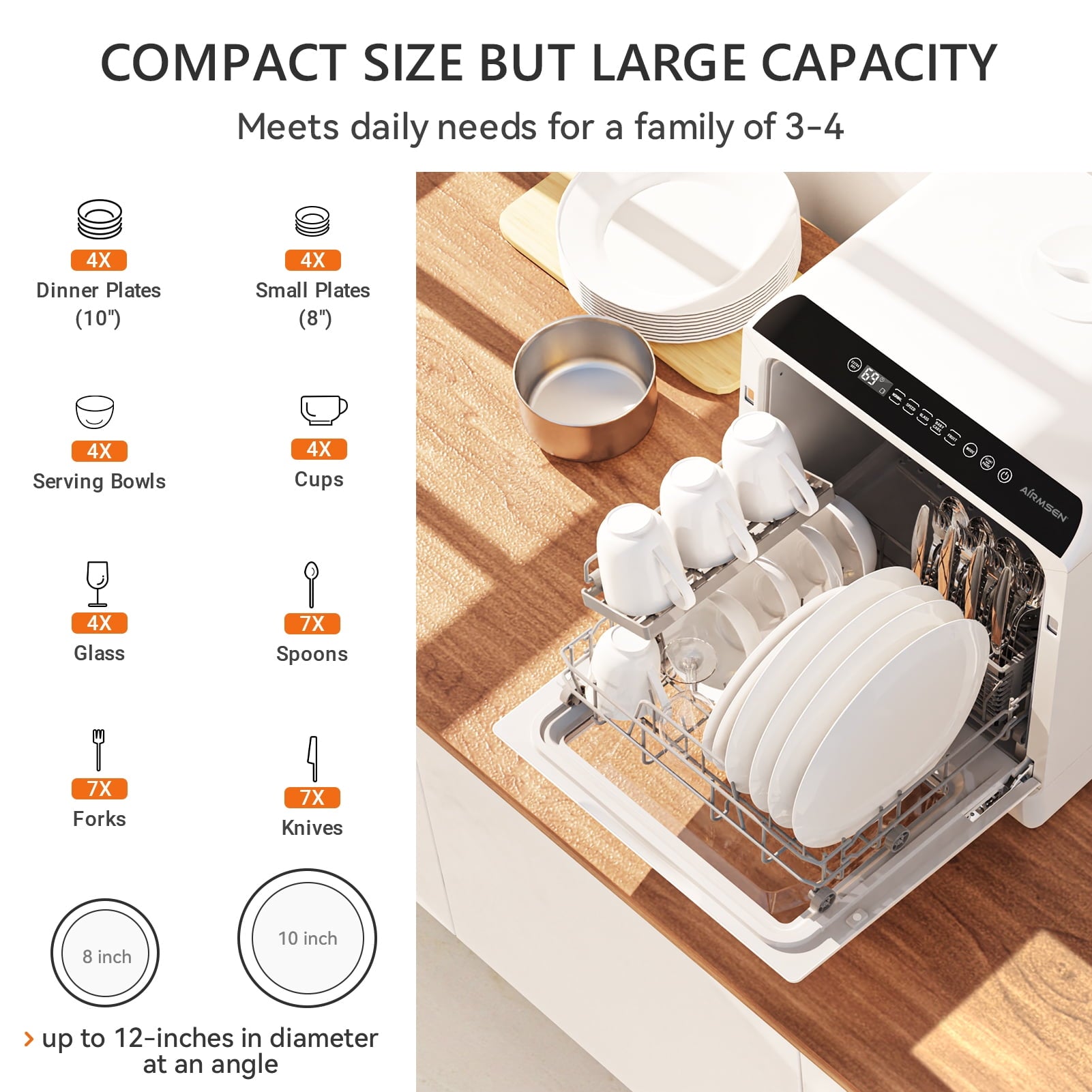 AIRMSEN Countertop Dishwasher with Salt Chamber, Portable Mini Dishwasher with 5L Built-in Water Tank, 18H Delay Start & ECO Mode, Ideal for Apartments & RVs, TDQR09