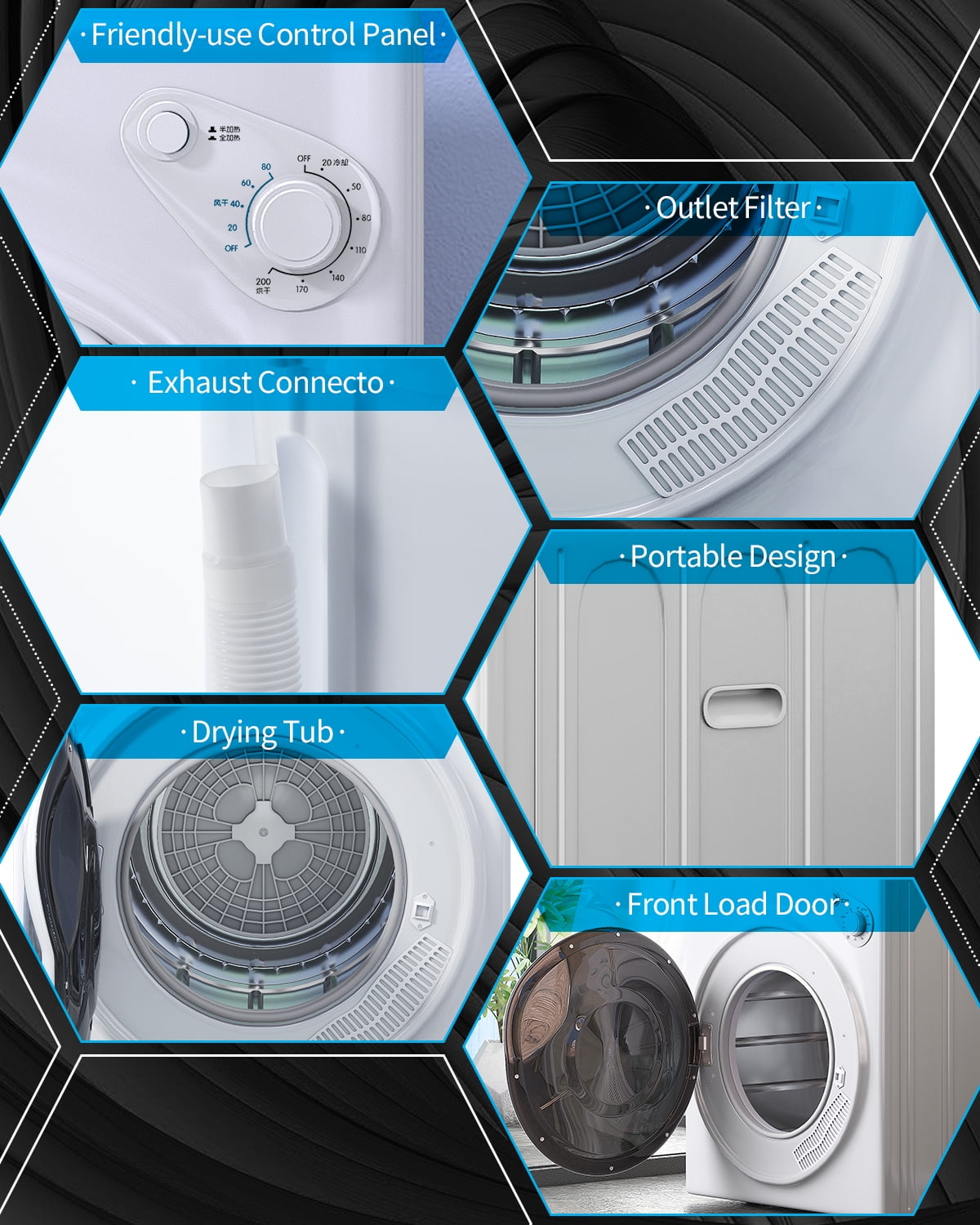 DISHUP 2.6 Cu.Ft Portable Clothes Dryer, 10 lbs Compact Dryer with Stainless Steel Tub, Electric Dryer for RV, Home, Apartment, White