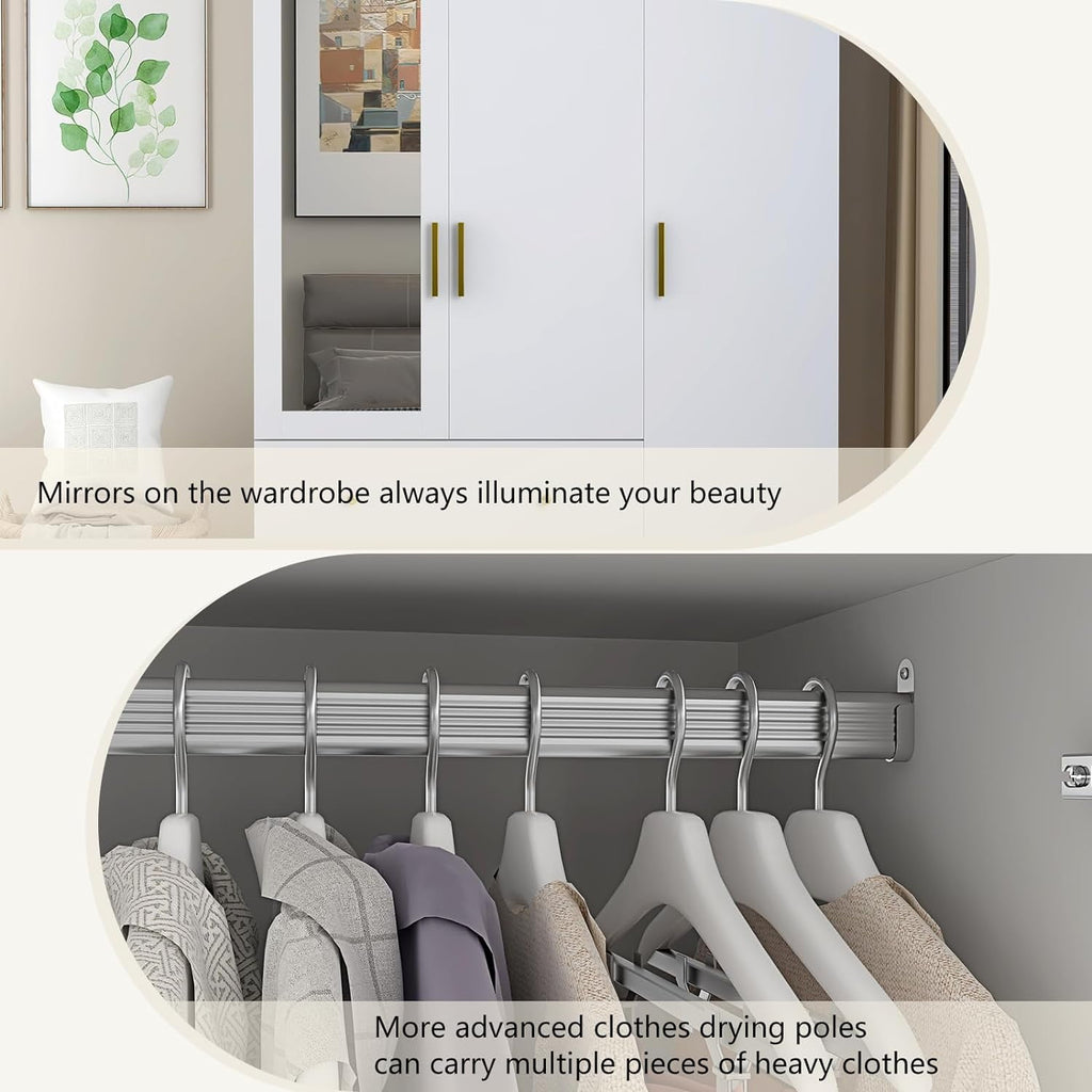 Blotout 70 Armoire Wardrobe Closet with Mirror, LED Wardrobe Armoire with 2 Drawers, 3 Door Wood Armoire Storage with Hanging Rods and Multi-Layer Shelves