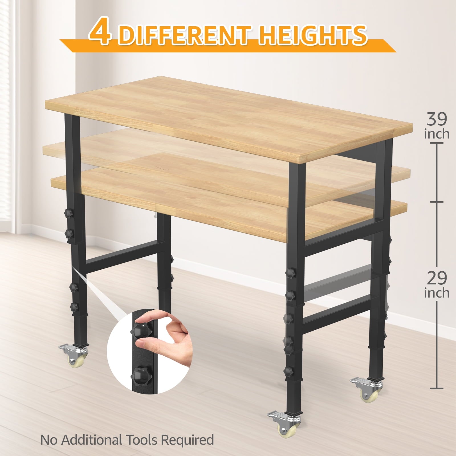 60 Adjustable Workbench,Heavy-Duty Work Table,3000 LBS Load Capacity Hardwood Workstation Outlets with Power strips and Wheels,for Workshop, Garage