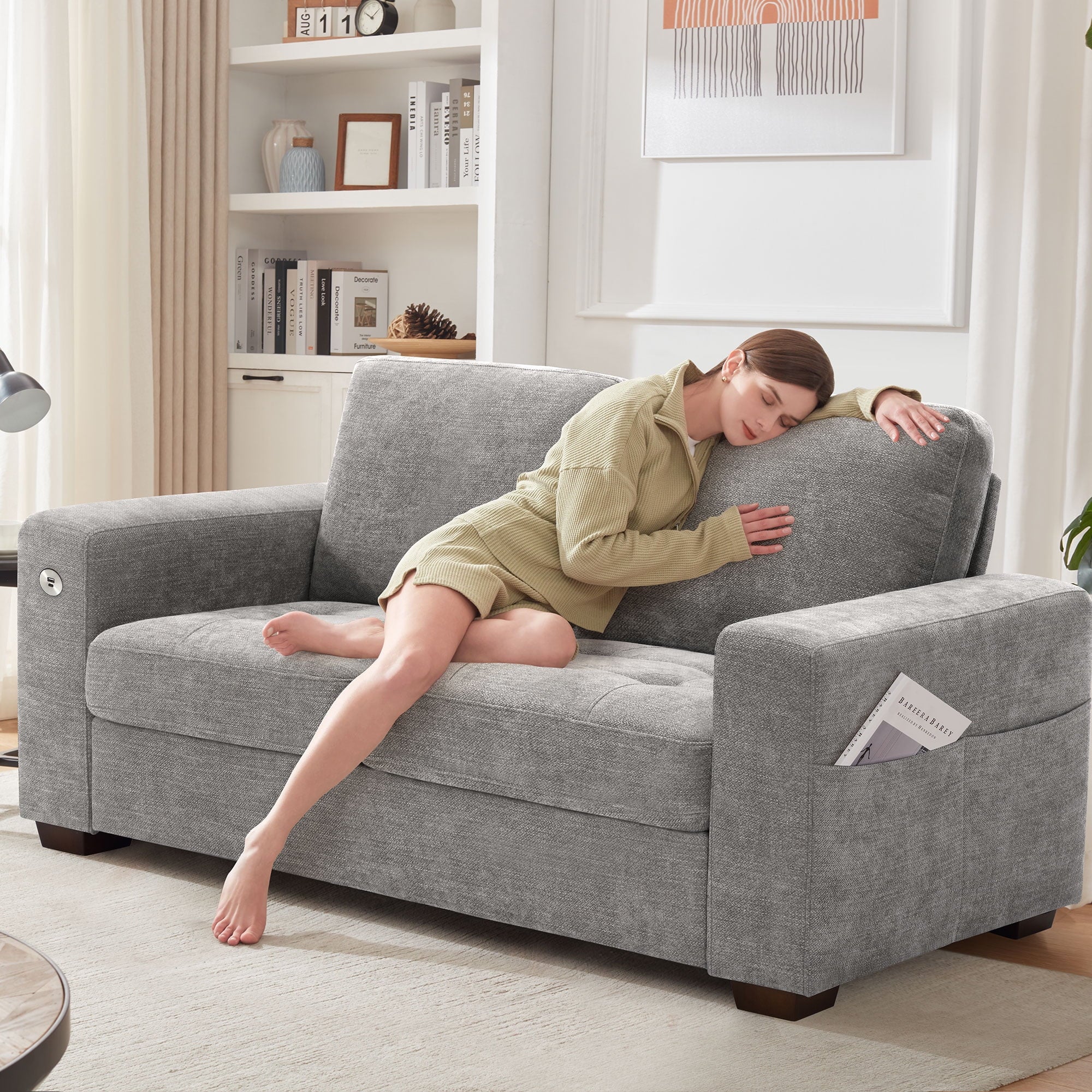 Bedluxury 89 Deep Sofa Couch with USB/Type-C Charging, Storage Pocket & Wide Armrest, Removable Cover, Seats 3 Adults, Chenille Beige