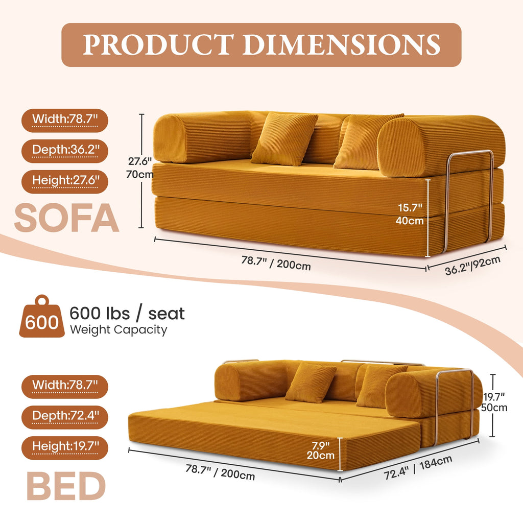 COOLHUT 63 W Combination Sofa, High Rebound Density Foam Sofa Couch, Two Forms Floor Couch Three Seats Sofa Bed for Living Room, Bedroom, Green