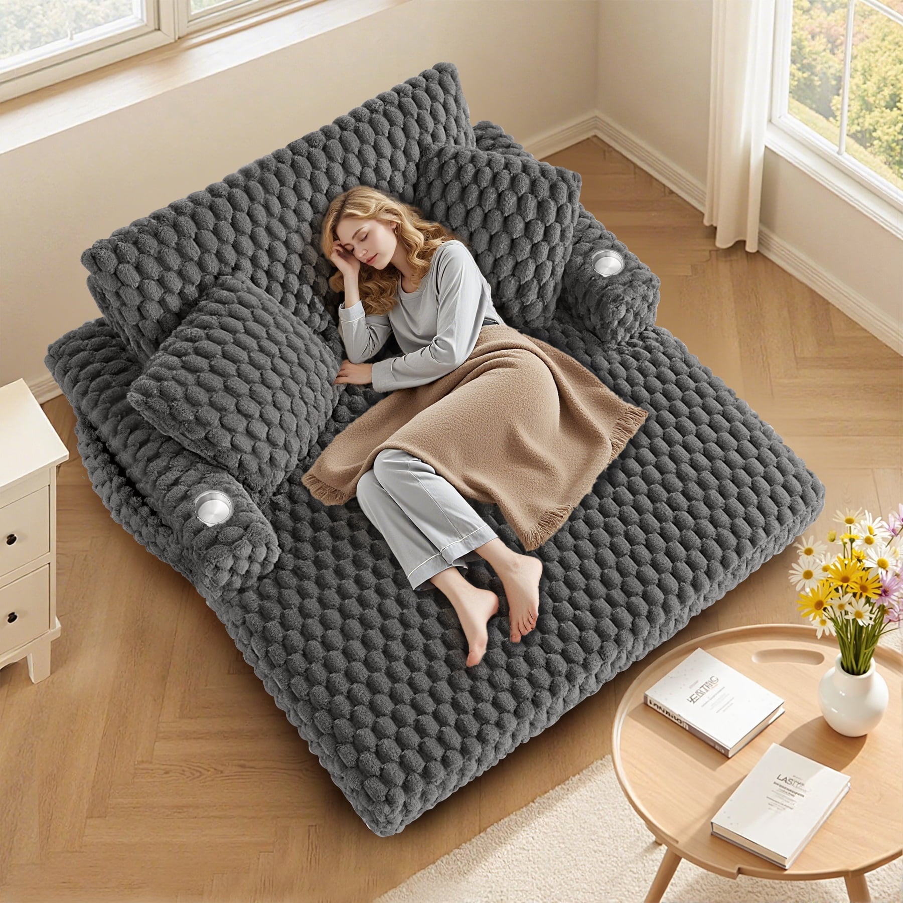 ATHOPE 67.3 Chaise Lounge Chair Indoor, Corduroy Couch Chair with Pillows, Comfy Reading Chairs with Wide Arms, Upholstered Sleeper Sofa for Living Room, No Assembly Required, Gray