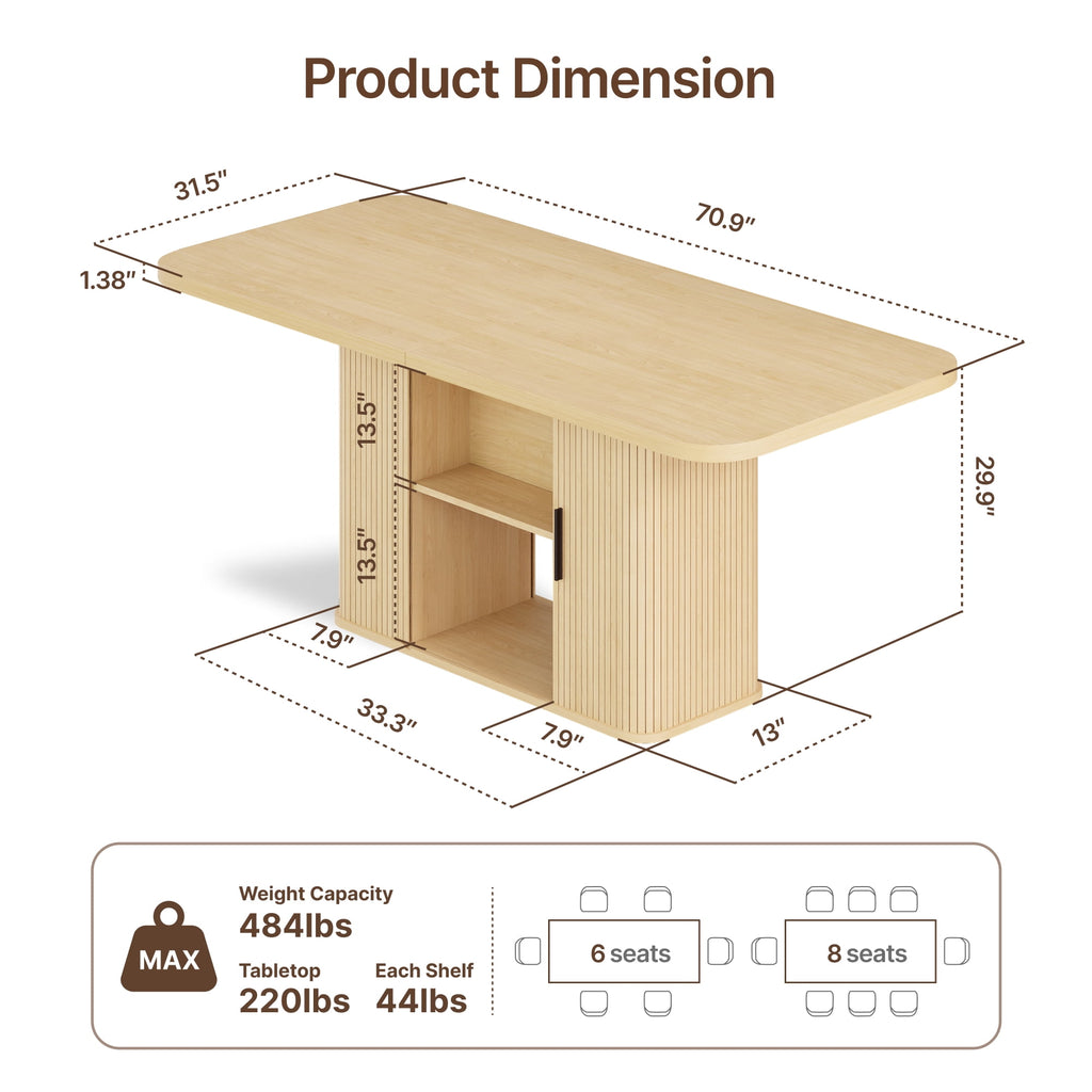 SUNCOZE 70in Dining Table for 4-8, Dining Leisure Table with Storage Shelves, 1.38 Thick Top, Scratch-Resistant, Natural Wood Finish, Multi-Use for Dining Room Kitchen Office, Wood Finish