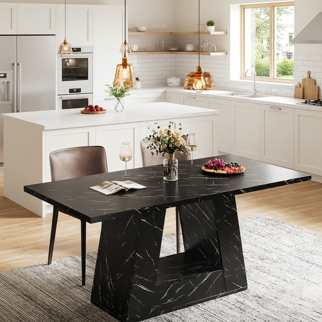 Modern Faux Marble Dining Table, 63 Rectangular 4-6 Seater Wood Table with Sturdy Base, Kitchen Living Room Dinner Table