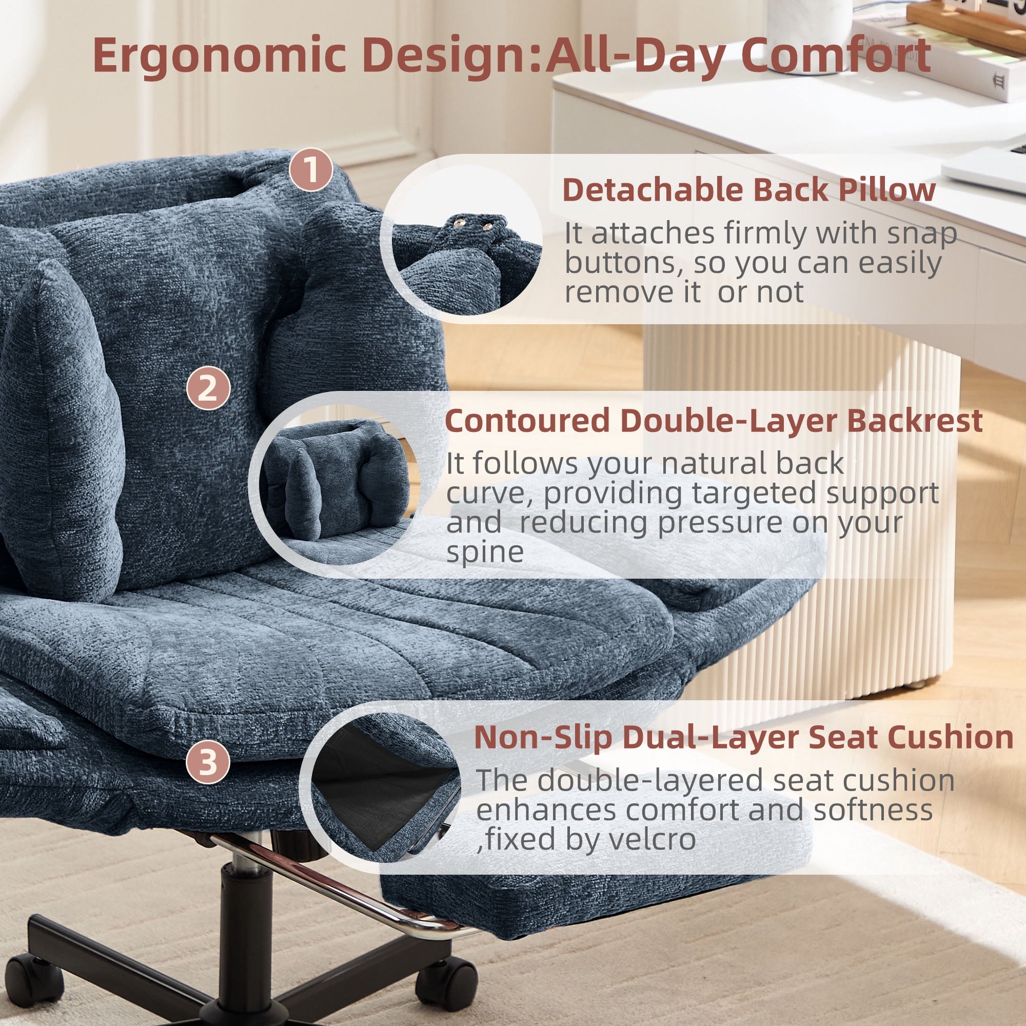 Hforesty Cross Legged Office Chair, Inflatable Flip-up Back & Wide Seat, 5-Position Armrests & Footrest, Ergonomic Task Chair for Home Office, Gray