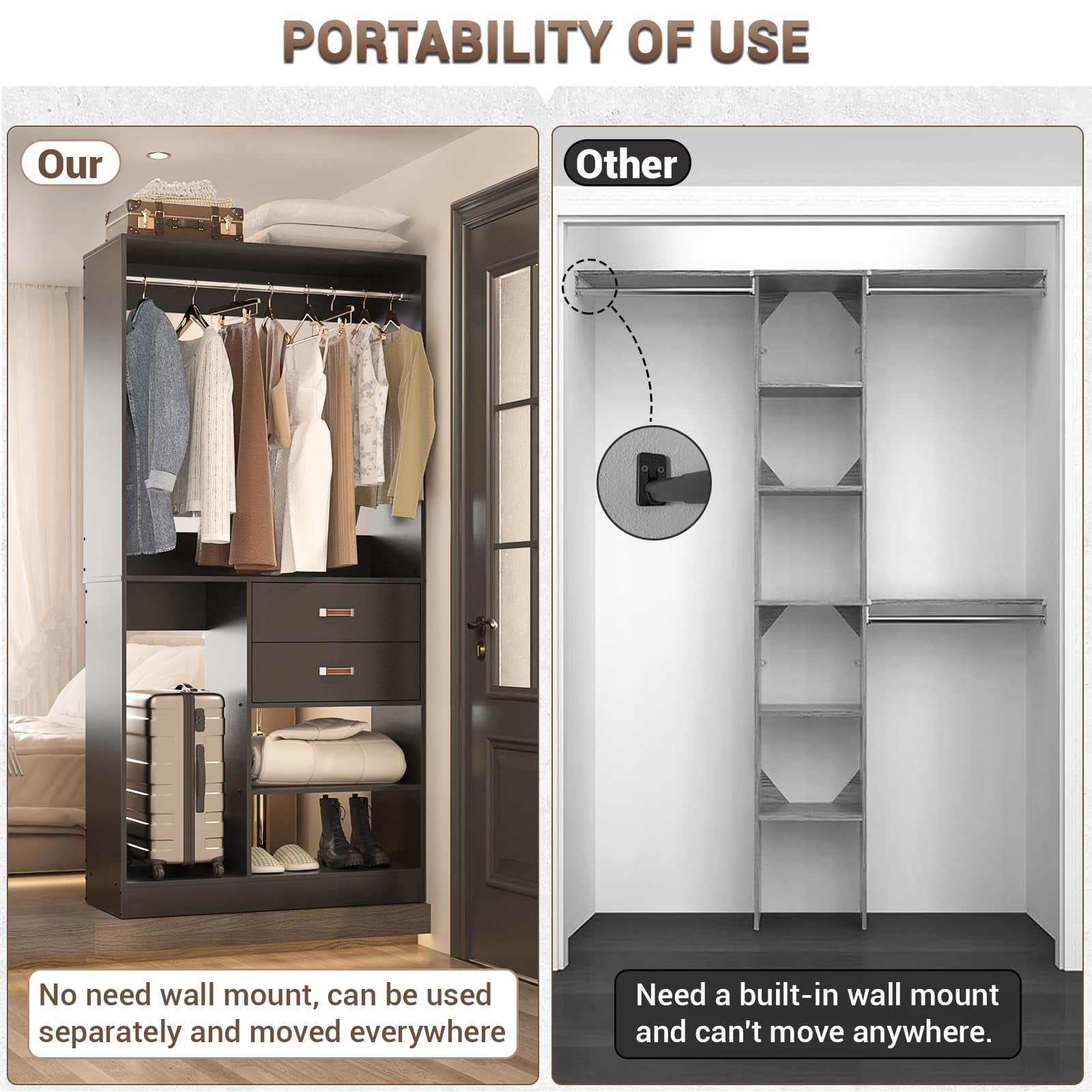 Homieasy Freestanding Closet System with Suitcase Storage, 40'' Closet Organizer System with 2 Wood Drawers and Hanging Rod, White