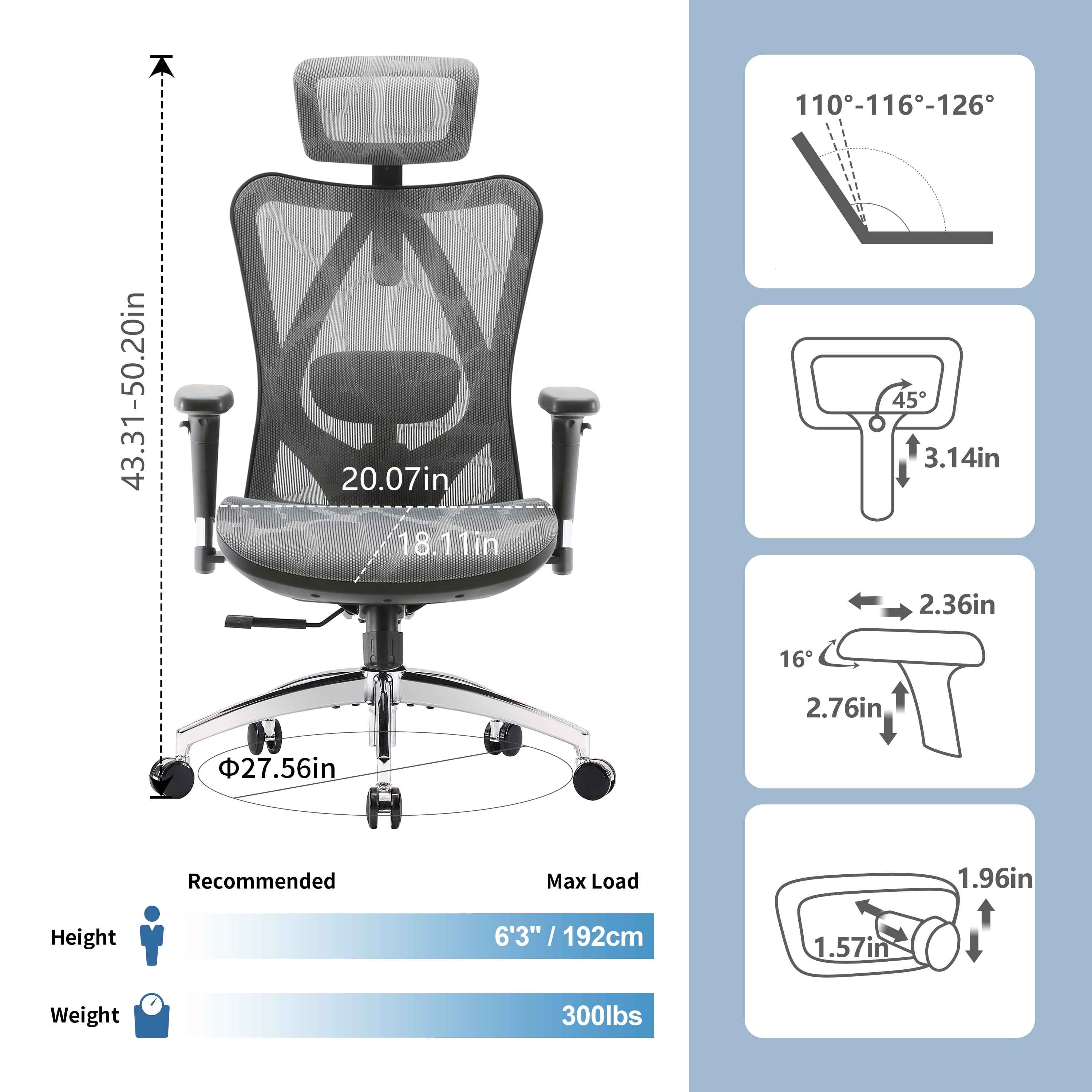 Sihoo M57 Ergonomic Office Chair, Adjustable Swivel Mesh High Back Desk Chair with Headrest, Lumbar Support, Black