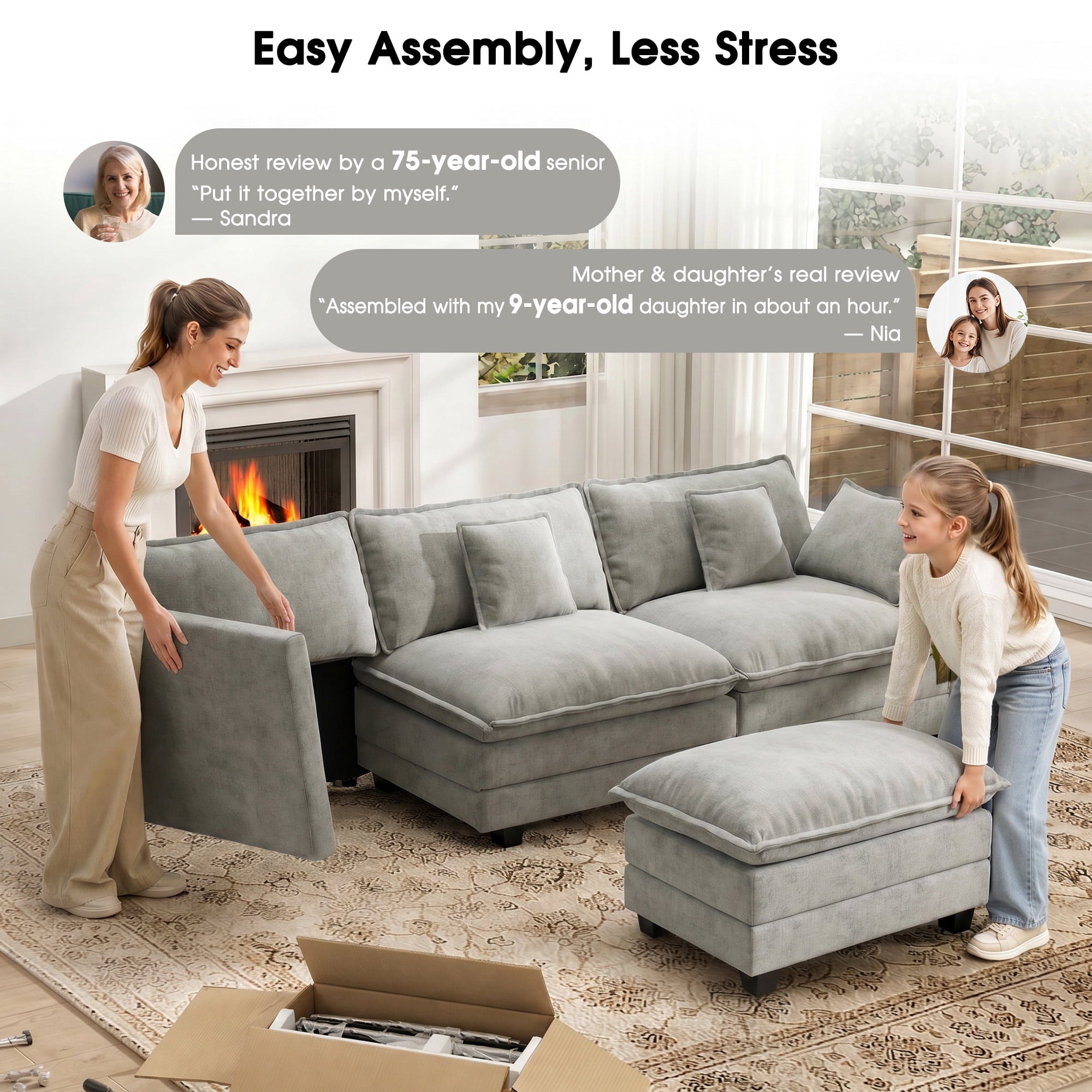 BedLuxury 111.5'' Modular Sectional Sofa with Movable Ottomans, U Shaped Cloud Couch for Living Room, 3-Seat, Grey