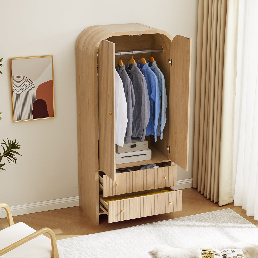 Wirrytor Freestanding Wooden Armoire Wardrobe with 2 Woven Doors and Storage Drawers, Space-Saving Closet Cabinet for Bedroom, Sturdy Mdf Board Closet with Hanging Rail