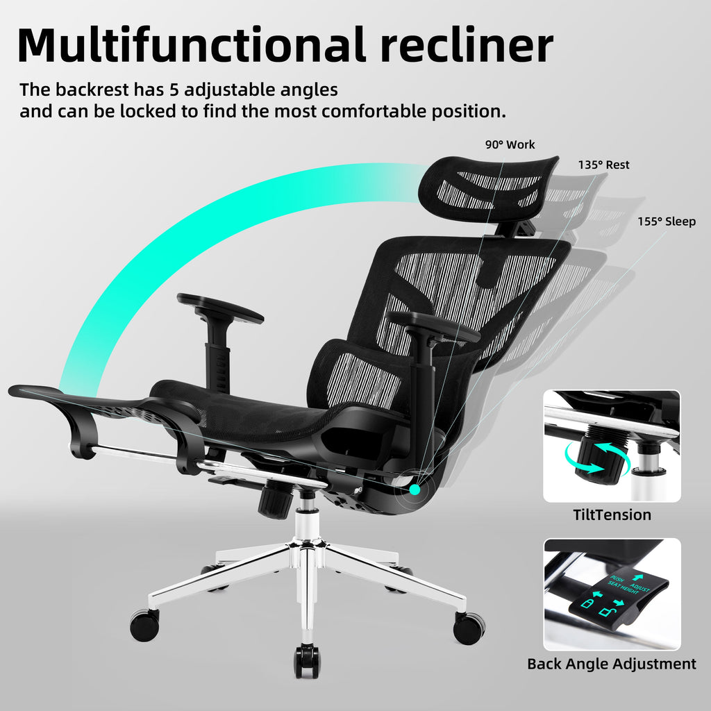 Nexthro Ergonomic Office Chair Mesh Chair with High Back Adjustable Headrest, Lumbar Support, 3D Armrest & Footrest, Swivel Computer Desk Chair(Black)