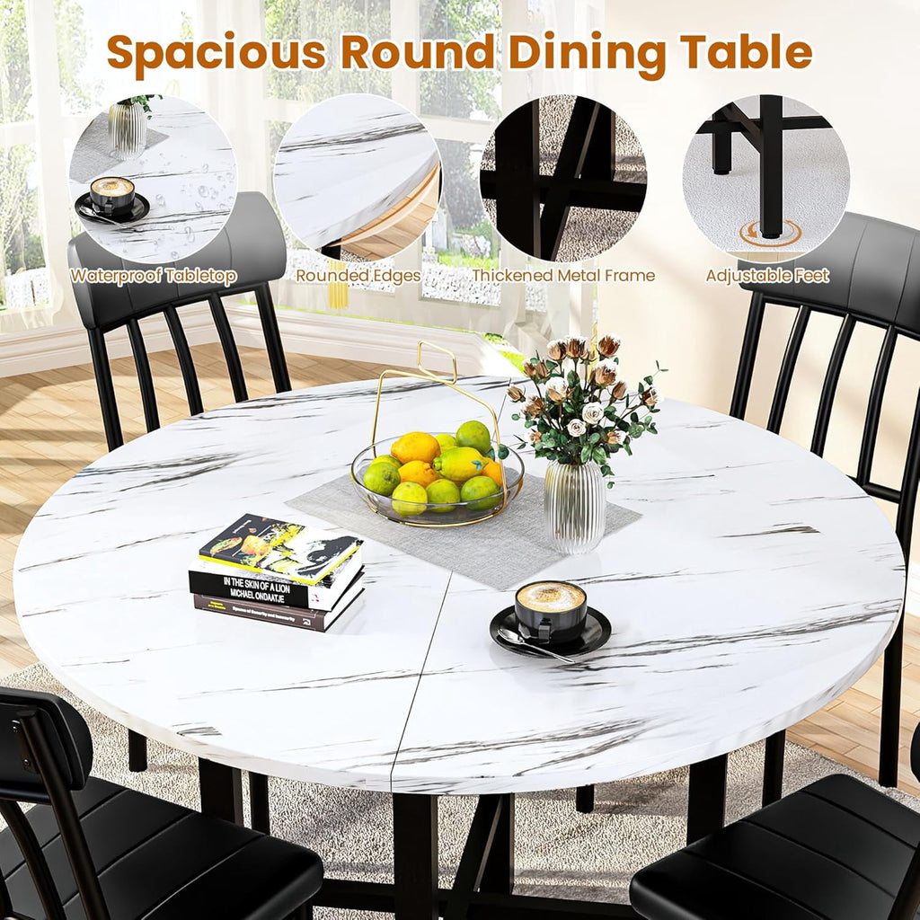 MIERES Round Dining Table Set for 4,Wood Round Kitchen Table and Chairs Set for 4,Modern Dining Room Table Set with 4 Faux Leather Chairs,Round Dinner Table for Small Space Gray
