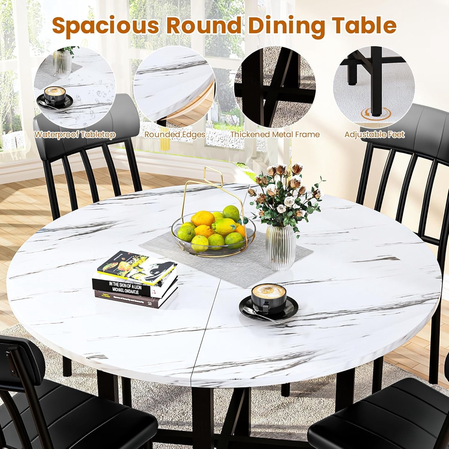 MIERES Round Dining Table Set for 4,Wood Round Kitchen Table and Chairs Set for 4,Modern Dining Room Table Set with 4 Faux Leather Chairs,Round Dinner Table for Small Space Gray