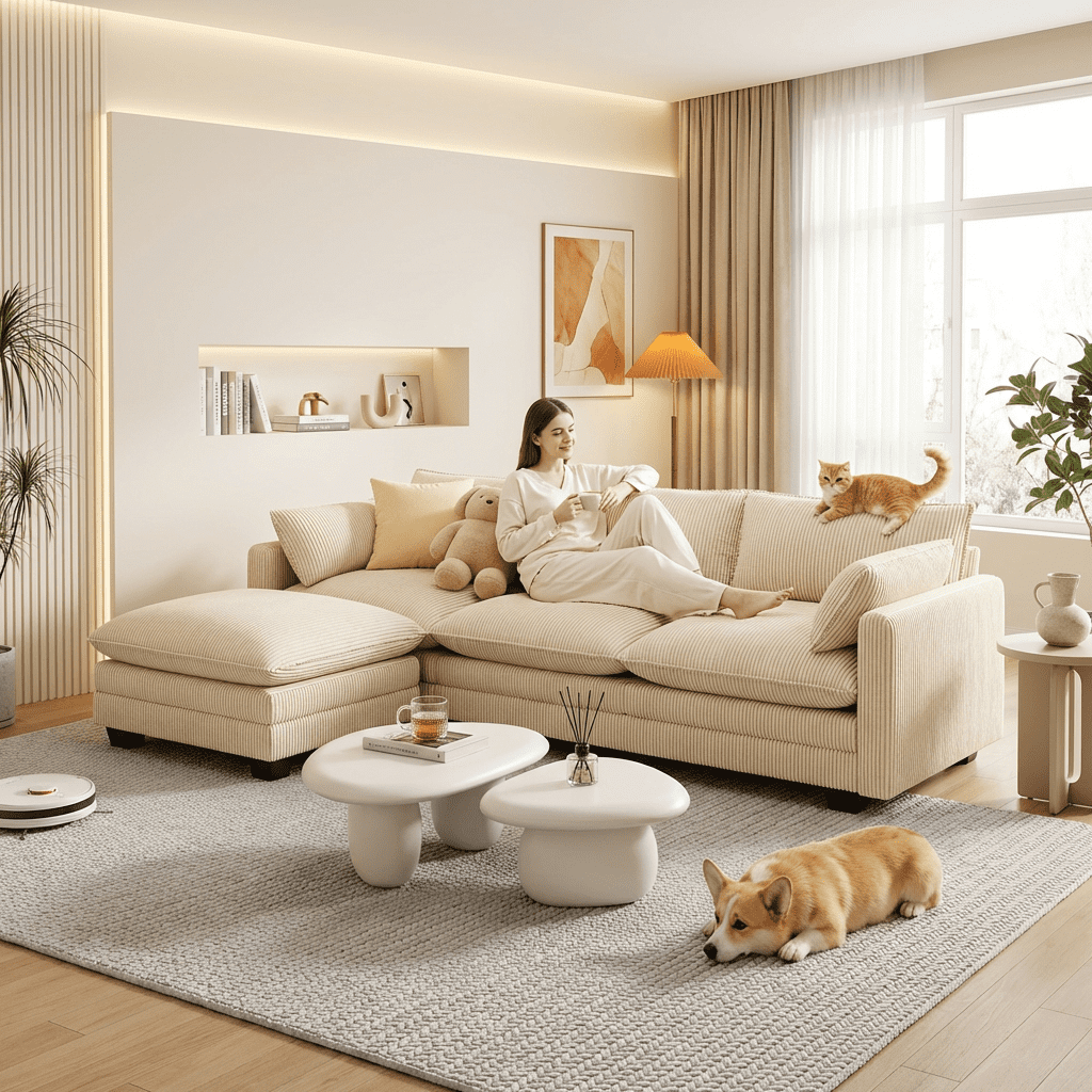 110'' Oversized L Shaped Couch for Living Room, Cloud Couches with Washable Corduroy Cover, Modern 4-Seater Comfy Deep-Seat Sofa with Movable Ottoman and 2 Throw Pillows for Apartment, Gray