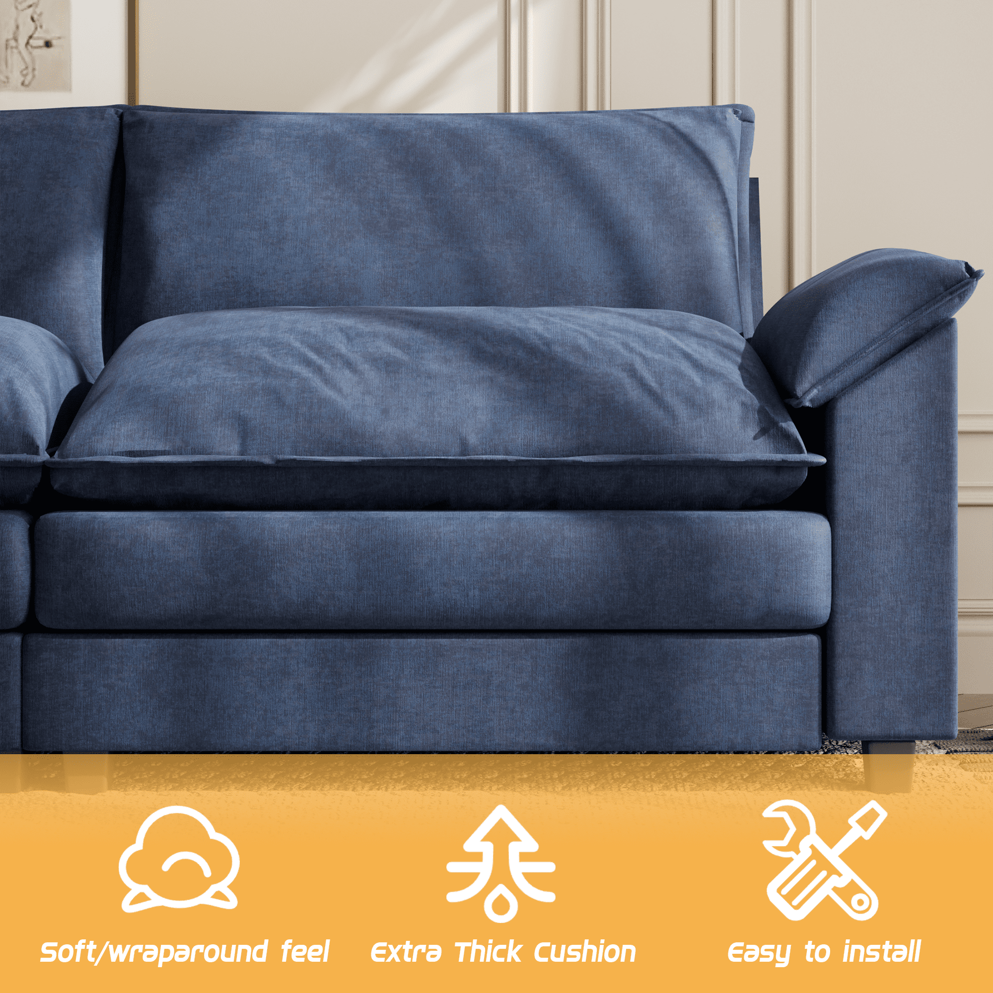 Homall 3-seat L-shaped Cloud Couch Sectional Sofa with reversible toffee chair Movable Footrest Sofa, Gray