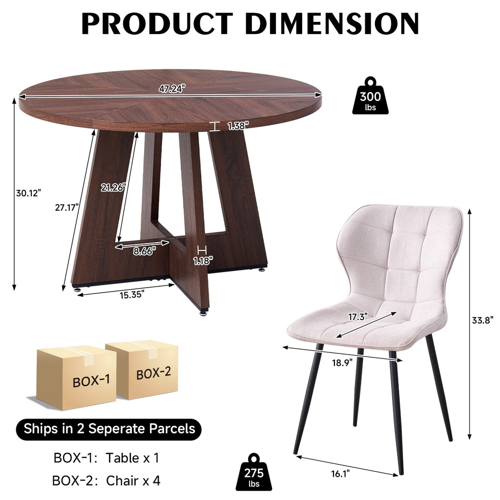 5 Piece 47'' Round Dining Table Chairs Set for 4, Farmhouse Oak Kitchen Table with 4 Boucle Mid Century Modern Dinning Room Chairs, Wood Dinner Table &Upholstered Chair Set of 4, Beige