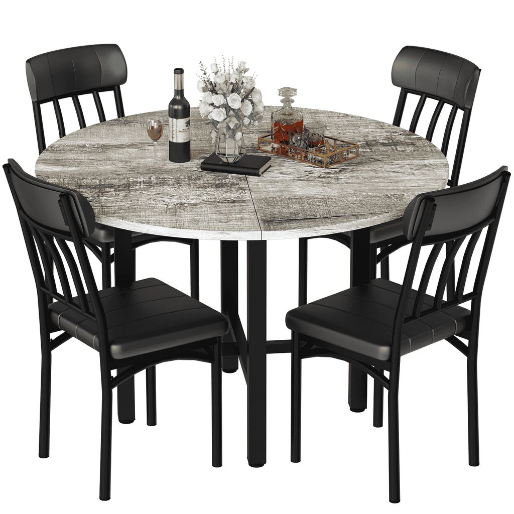 MIERES Round Dining Table Set for 4,Wood Round Kitchen Table and Chairs Set for 4,Modern Dining Room Table Set with 4 Faux Leather Chairs,Round Dinner Table for Small Space Gray