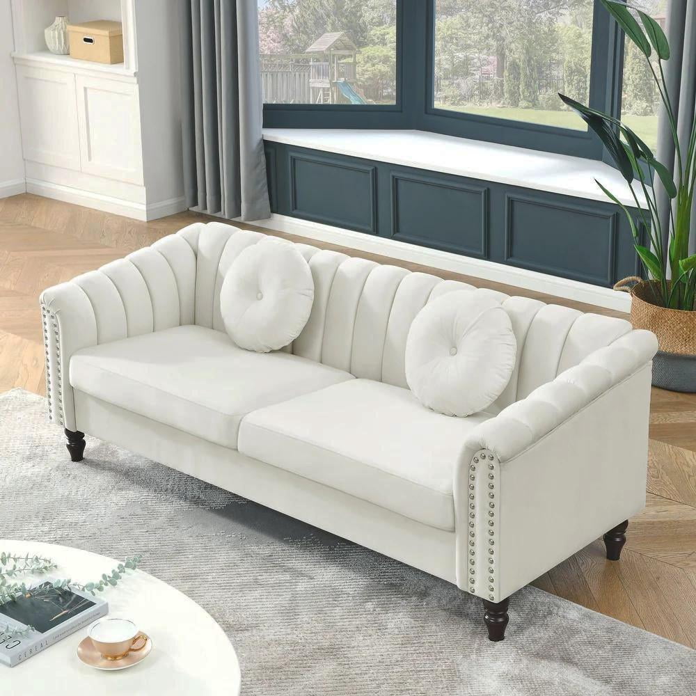 Gewnee 86.6 Modern Sofa Couch,Teddy Velvet 3 Seaters Comfy Couch with Deep Seat for Living Room,2 Pillows,Beige