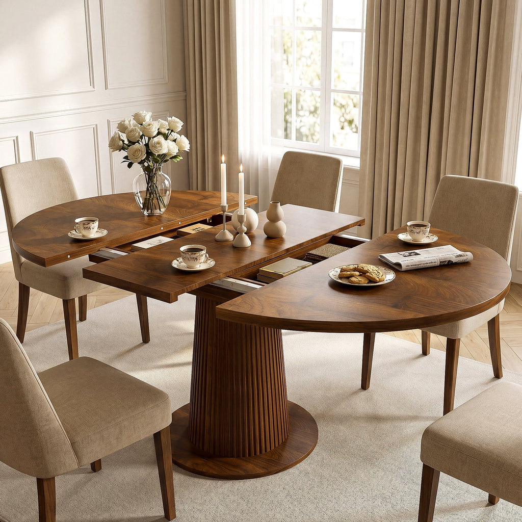 Keenstone Round Dining Table 43-59 Extendable, for 4 to 6, with Storage Space, Kitchen Dinner Room Table for Dining Room and Small Space Walnut
