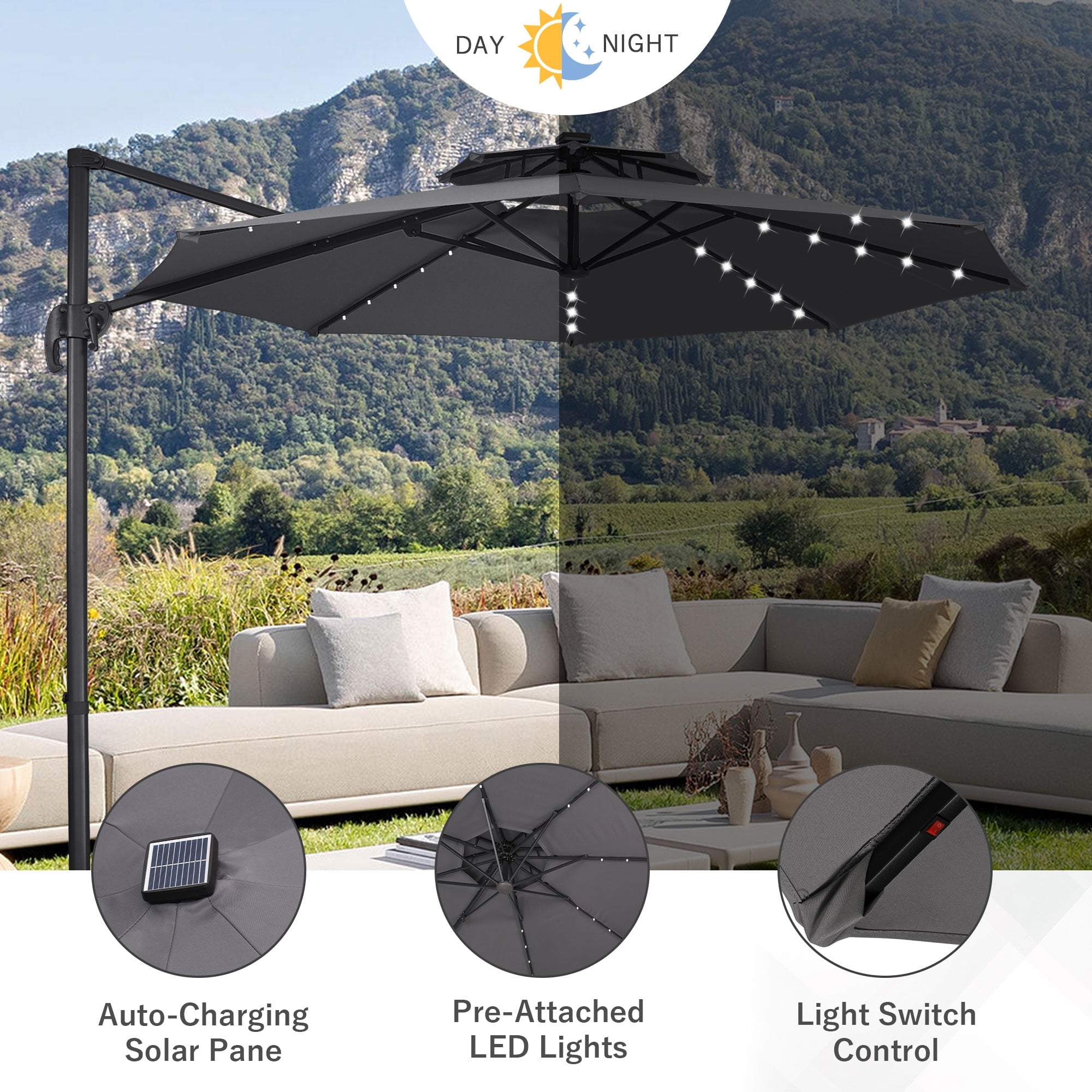 Ainfox 10ft Double Top Heavy-Duty Patio Cantilever Umbrella with lights and Cross Base, Outdoor Large Offset Hanging Aluminum Rotation Sun Shade Solar Umbrella with 360°Rotation Adjustable,Khaki