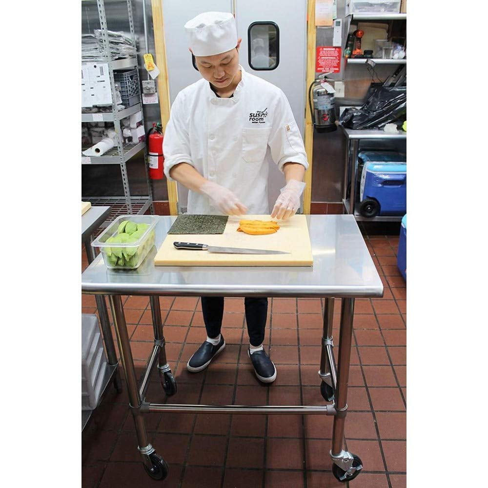 AmGood 36 Long x 30 Deep Stainless-Steel Work Table with Open Base and Wheels, Mobile Metal Table