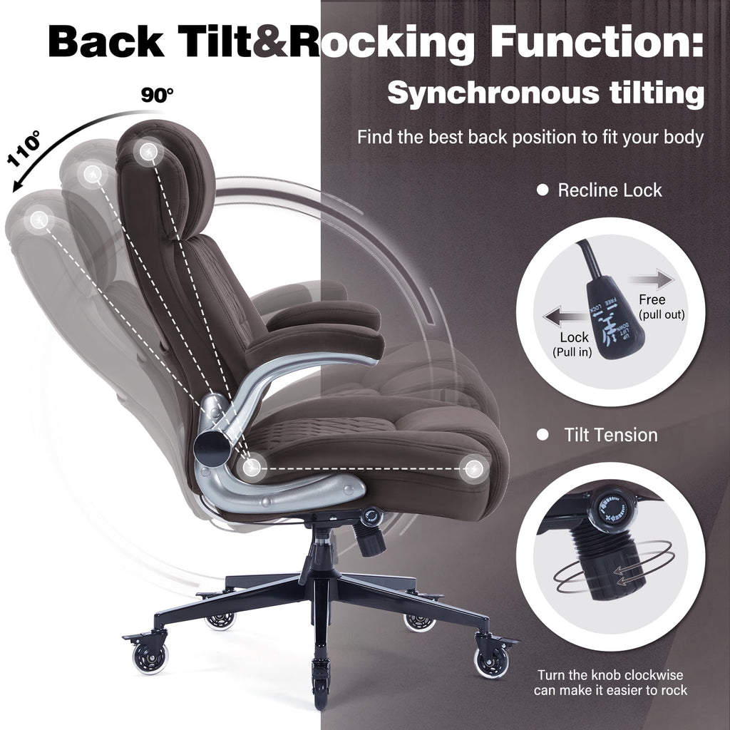 High Back Office Chair with Lockable Wheels, 400lbs Large Fabric Executive Desk Chair, Adjustable Lumbar Support Flip up Arms, Ergonomic Home Office Computer Chair with Storage Pocket, Black