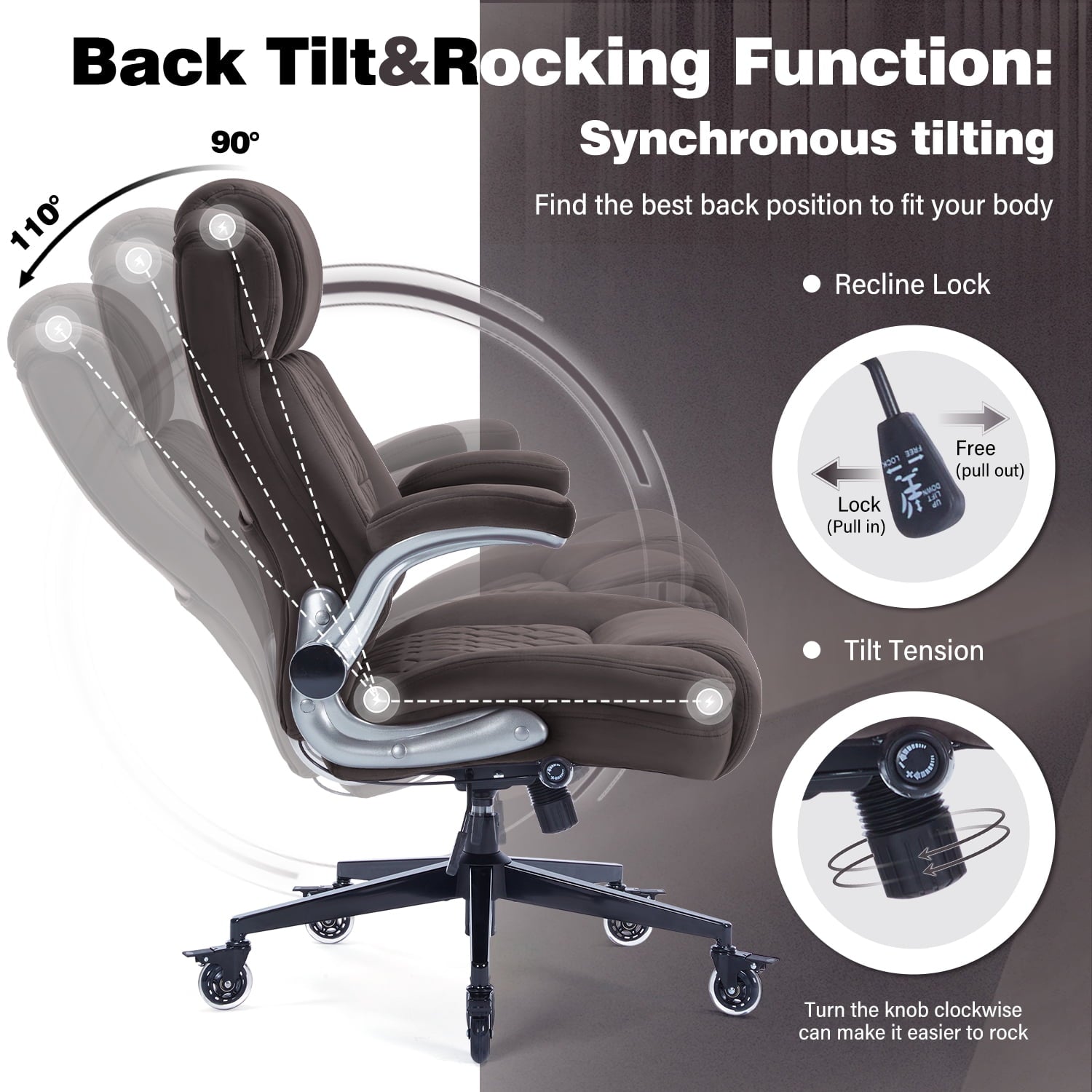 High Back Office Chair with Lockable Wheels, 400lbs Large Fabric Executive Desk Chair, Adjustable Lumbar Support Flip up Arms, Ergonomic Home Office Computer Chair with Storage Pocket, Black