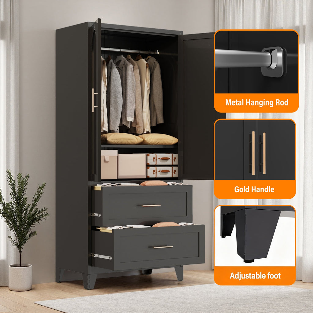 AISWORD 60 Tall Metal Wardrobe Cabinet with 1 Drawer and Hanging Rod, 2 Doors Closet with Adjustable Shelf, White