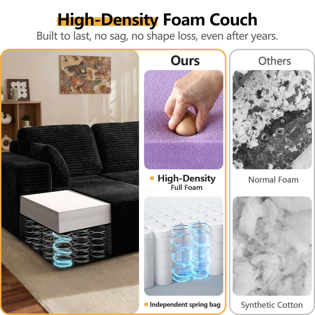 LLappuil 108 Sectional Sofa, Modular Sectional Couch with Left Chaise, Deep Seat Corduroy Cloud Sofa for Living Room Black