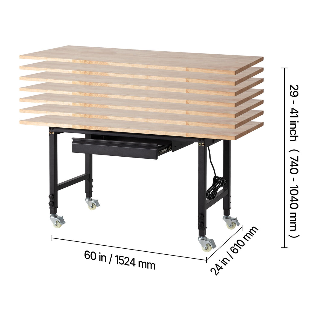 VEVOR Adjustable Workbench on Wheels, 2000 lbs Capacity, 60 x 24 Inch Oak Wood Top Workbench with Drawer & Power Outlets, Heavy-Duty Hardwood Worktable for Garage, Workshop, Home, Office, Commercial