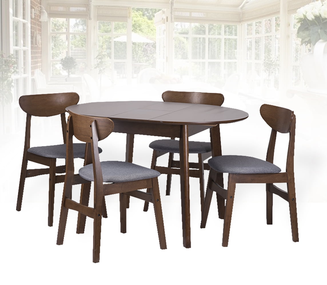 Dining Room Set of 4 Yumiko Chairs and Extendable Round Dining Table Kitchen Modern Solid Wood Medium Brown