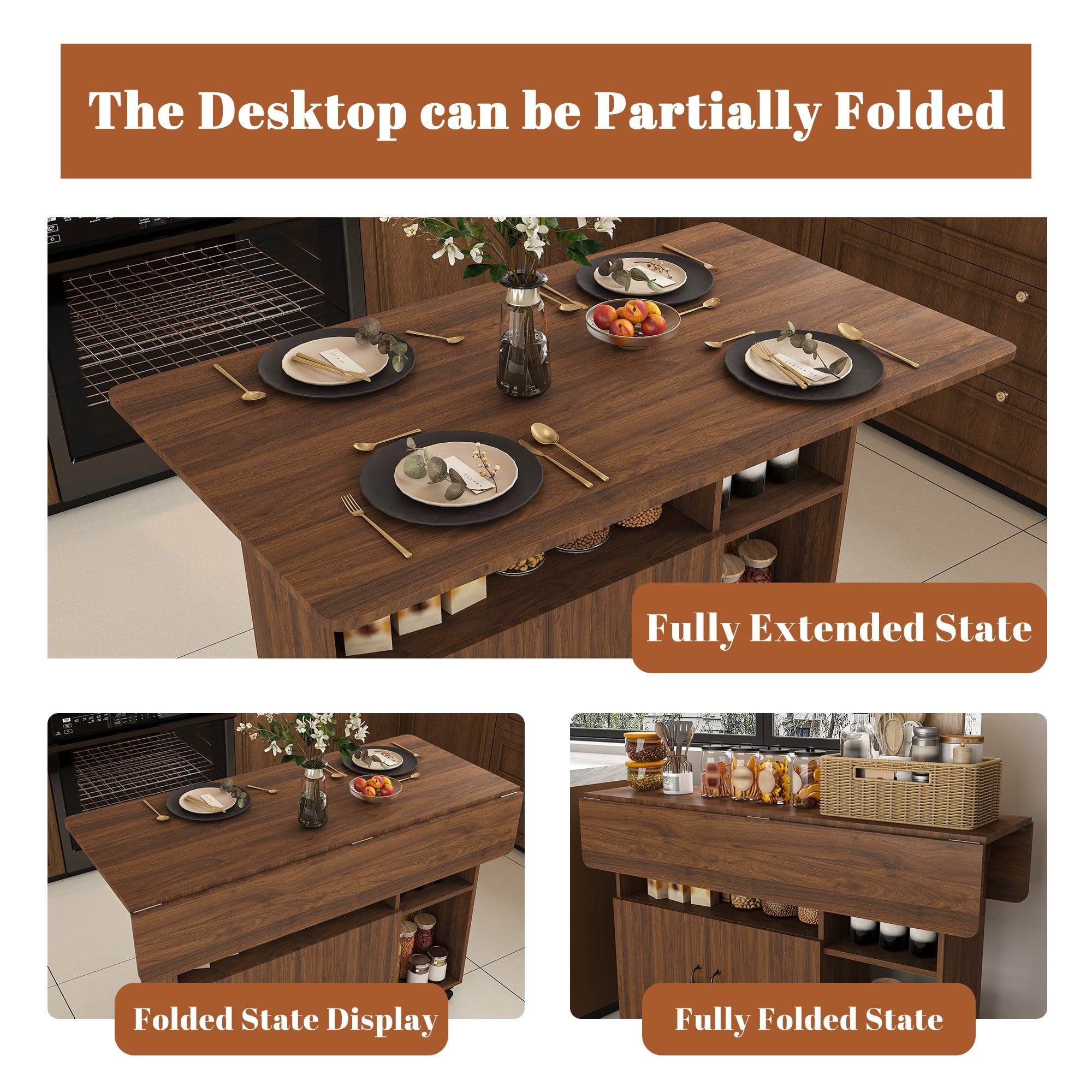 Wohh 47 Inch Folding Dining Table with Storage Shelves & Wheels, Multifunctional Kitchen Desk for Small Spaces, Compact Mobile Computer Desk for Home Office, Dorm, Adjustable Foldable Study Table