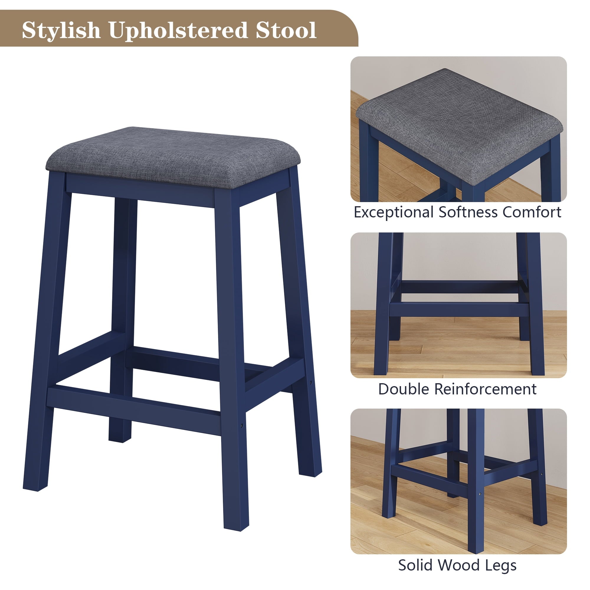 HLR 24.8 Bar Stools, Farmhouse Set of 2 Bar Chairs with Cushion for Kitchen, Dining Room, Cafe Black
