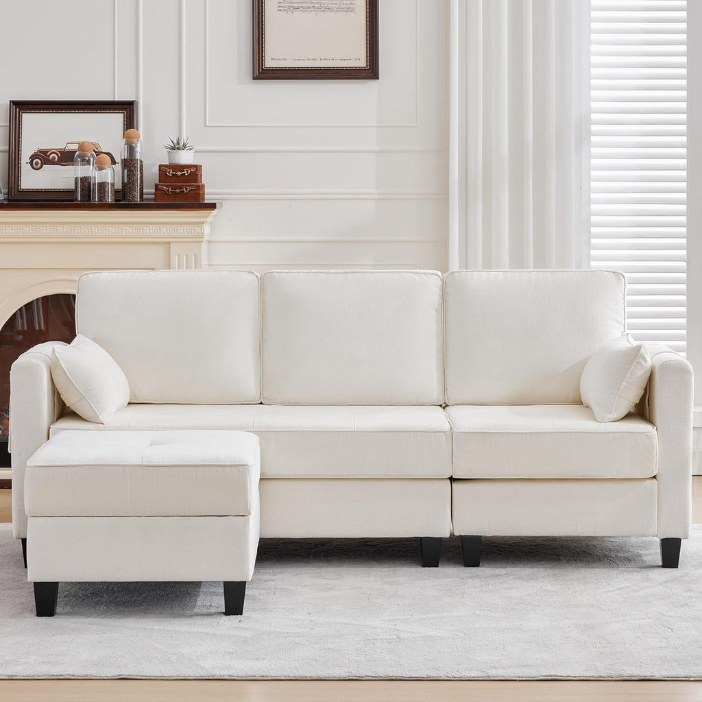 Haverchair L-Shape Chenille Sectional Sofa with Storage Ottoman,Modern Convertible Couch with Removable Cover,USB and Type-C,Side Pockets,Armrest Pillows for Living Room,Apartment,Office,White
