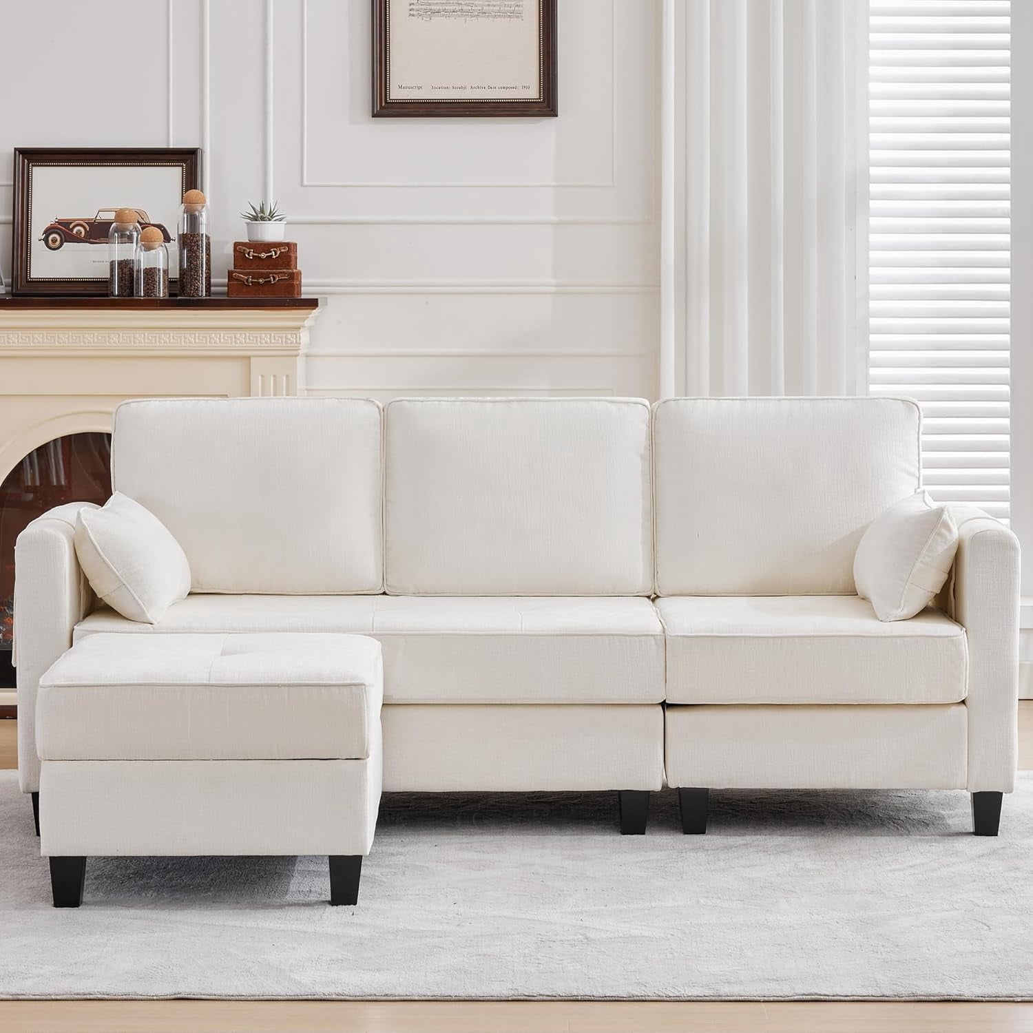 Haverchair L-Shape Chenille Sectional Sofa with Storage Ottoman,Modern Convertible Couch with Removable Cover,USB and Type-C,Side Pockets,Armrest Pillows for Living Room,Apartment,Office,White