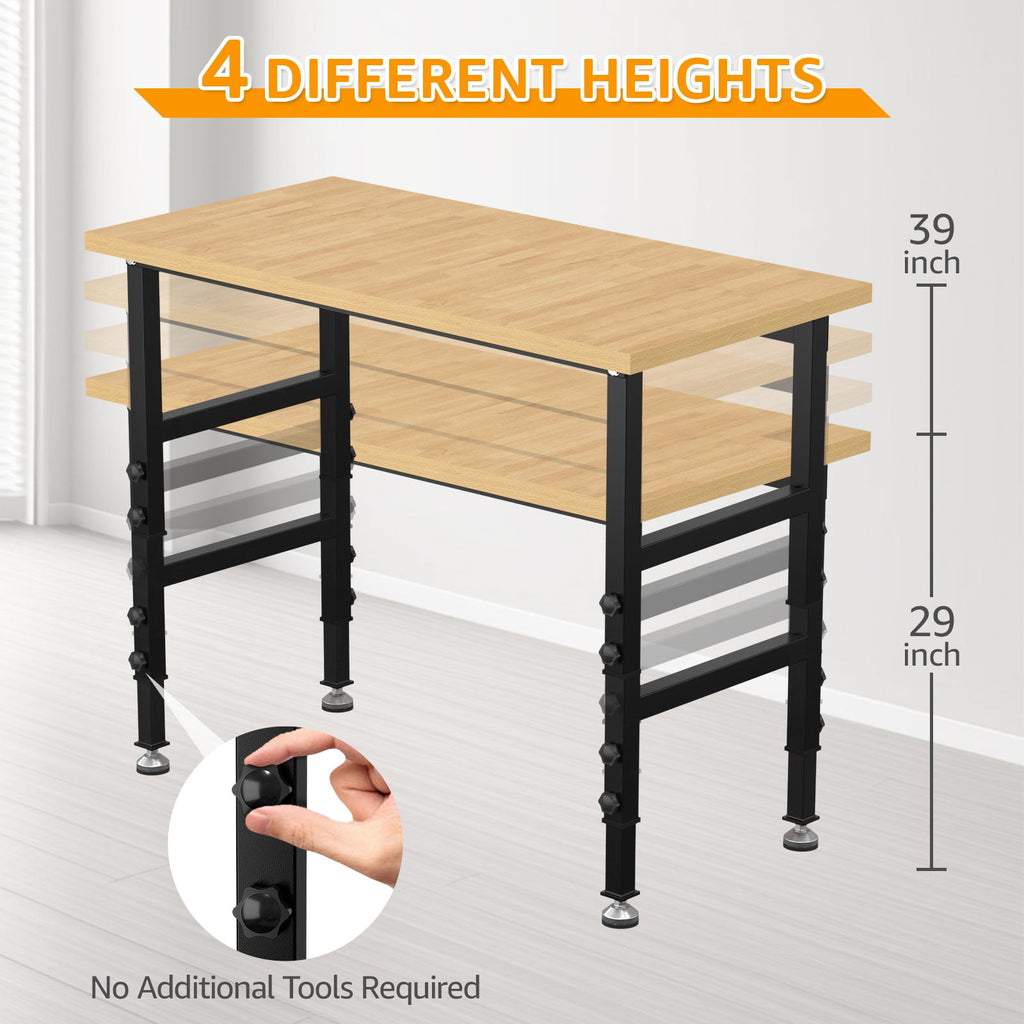 60 Adjustable Workbench,Heavy-Duty Work Table,3000 LBS Load Capacity Hardwood Workstation Outlets with Power strips and Wheels,for Workshop, Garage