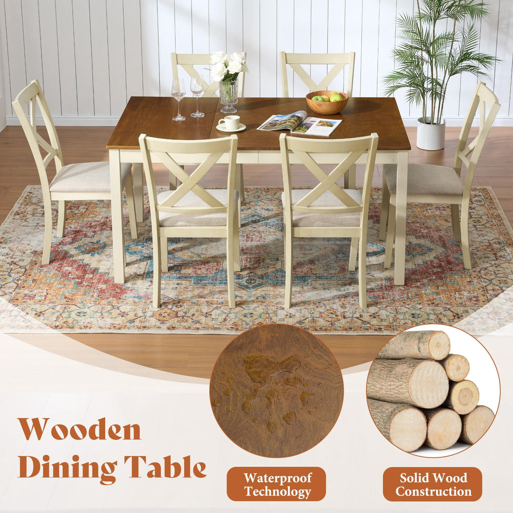 Merluxy 7-Piece Solid Wood Dining Table Set, 60 Farmhouse Dining Table with 6 Chairs, Dining Table Set for 6, Kitchen & Dining Room, Rustic Cream