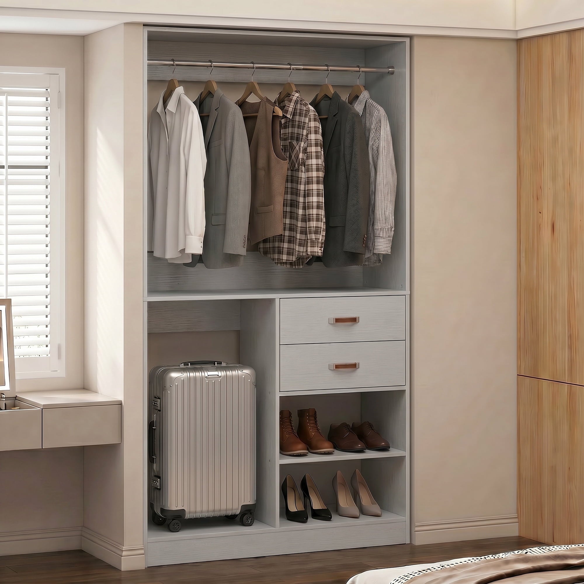 Homieasy Freestanding Closet System with Suitcase Storage, 40'' Closet Organizer System with 2 Wood Drawers and Hanging Rod, White