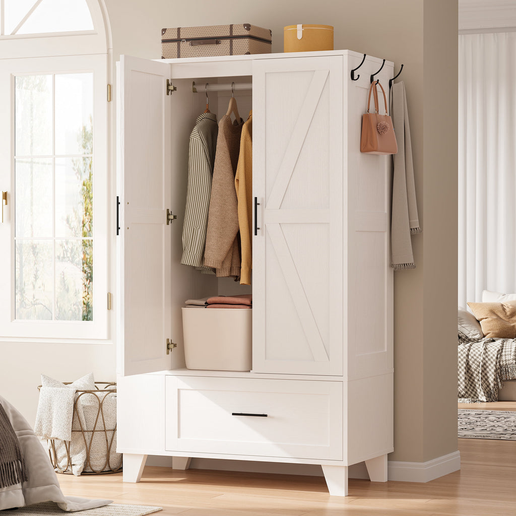 IRONCK 67 Tall Wardrobe Closet with Mirror & Drawer, White Wooden Bedroom Armoire Cabinet with Side Shelves and Hooks