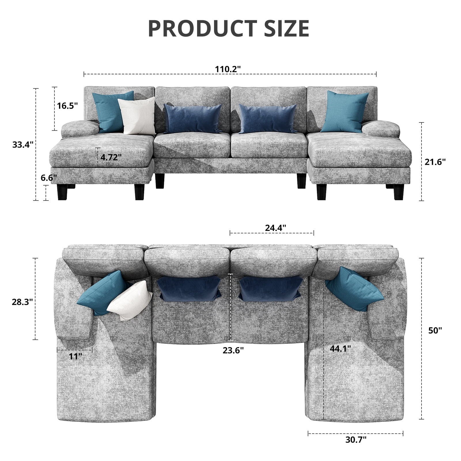 Furmax Chenille U Shaped Sectional Sofa, Gray