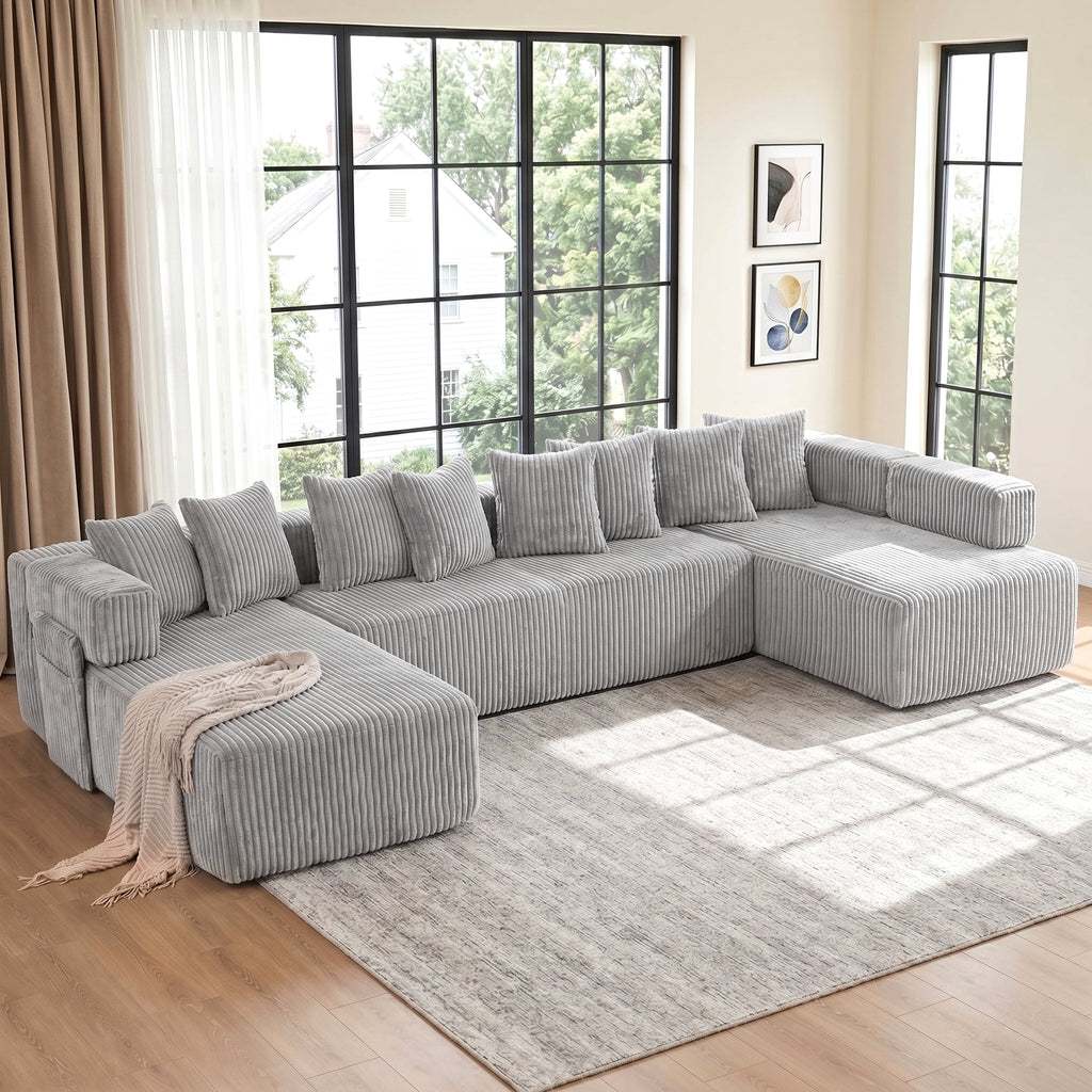 SOULART 138.5 U Shaped Sectional Couch,Gray Cloud Boneless Sofa For Living Room,Plush Corduroy Couches With Deep Seat Chaise Lounge,No Assembly Required