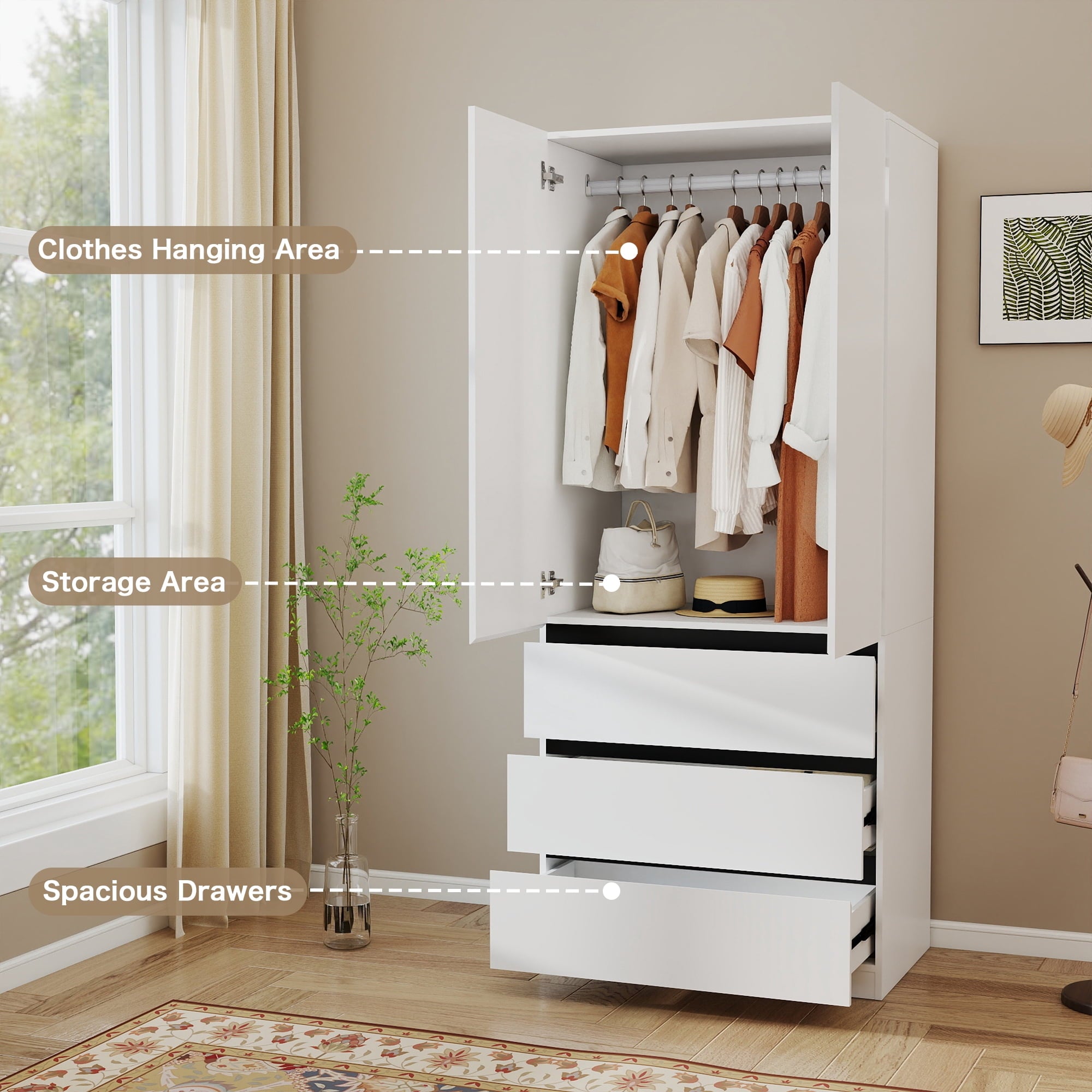 74.8''H Wooden Wardrobe Closet with 3 Drawers & Hanging Rod, 2-Door Armoire Cabinet with Smooth Drawer Slides for Bedroom