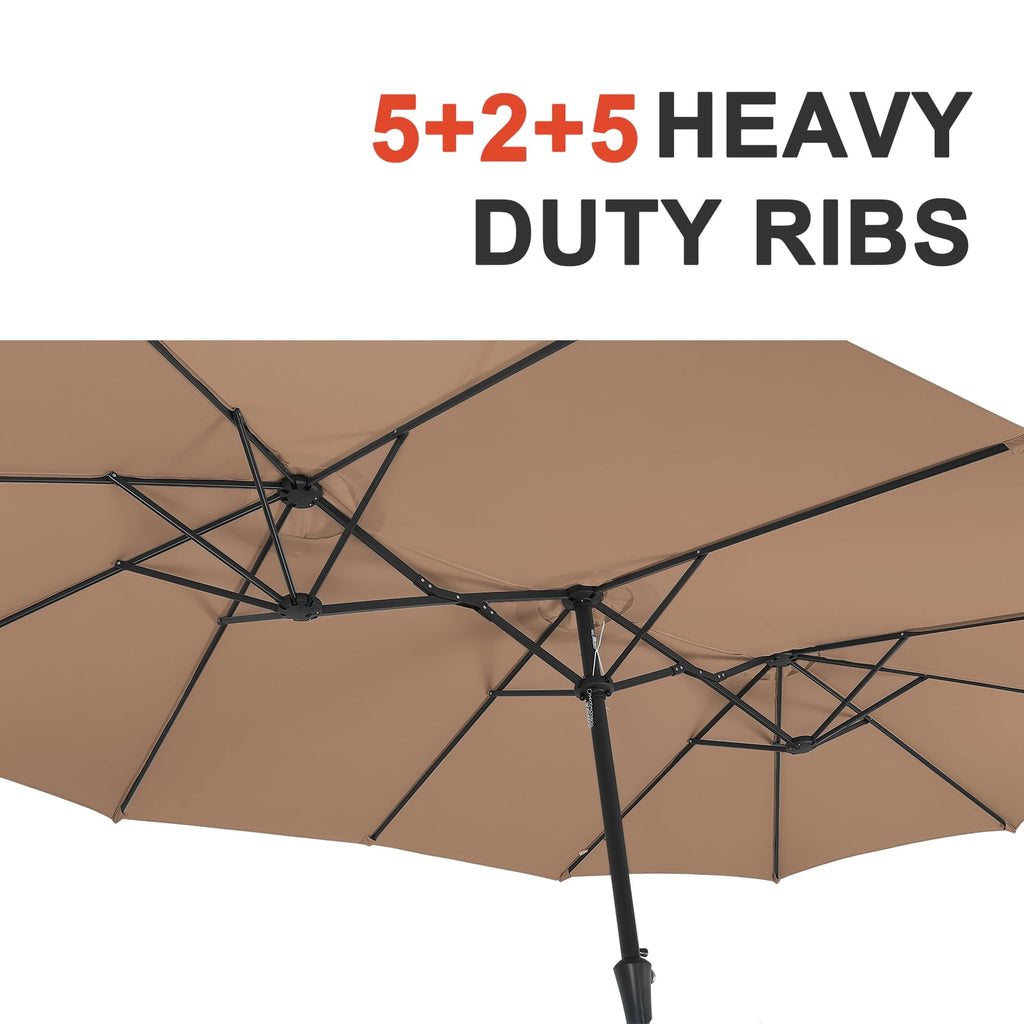Ainfox 15ft Large Patio Umbrella with Solar Lights, Double-Sided Outdoor Rectangle Table Umbrellas with Sand Bag Base，Beige