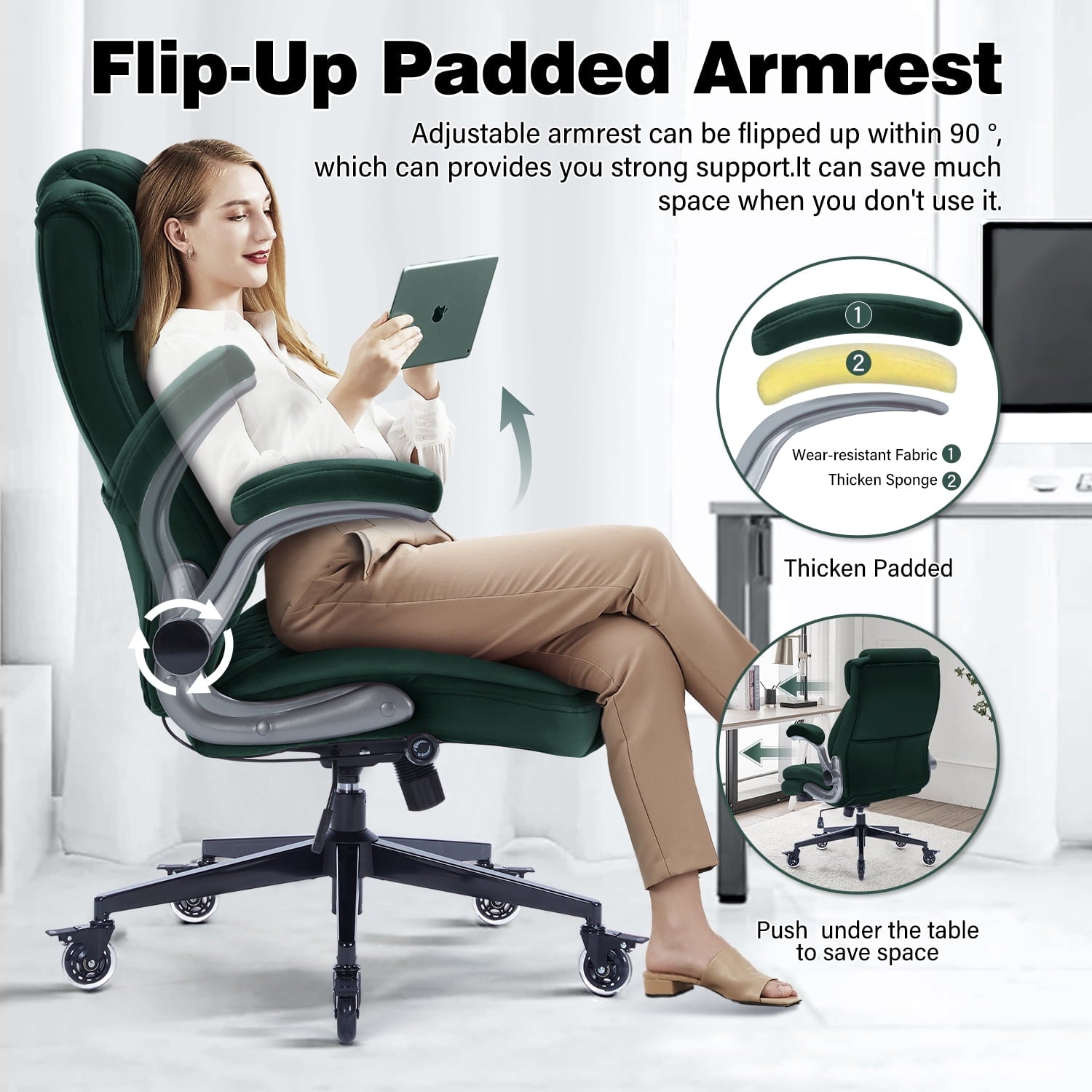 High Back Office Chair with Lockable Wheels, 400lbs Large Fabric Executive Desk Chair, Adjustable Lumbar Support Flip up Arms, Ergonomic Home Office Computer Chair with Storage Pocket, Black