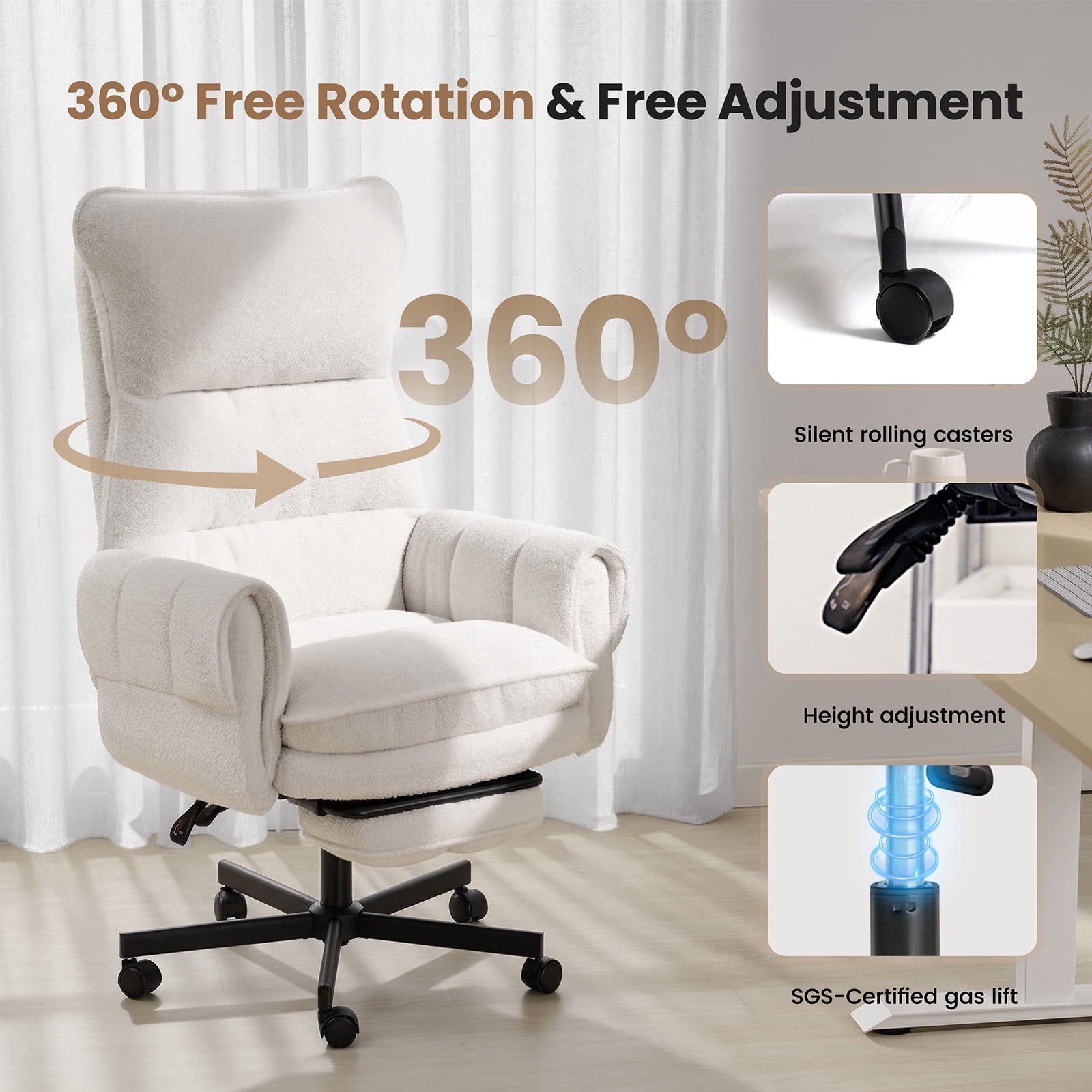 Patbrela Big and Tall Office Chair, Teddy Plush Swivel Desk Chair Ergonomic Computer Chairs with Adjustable Armrests, Beige