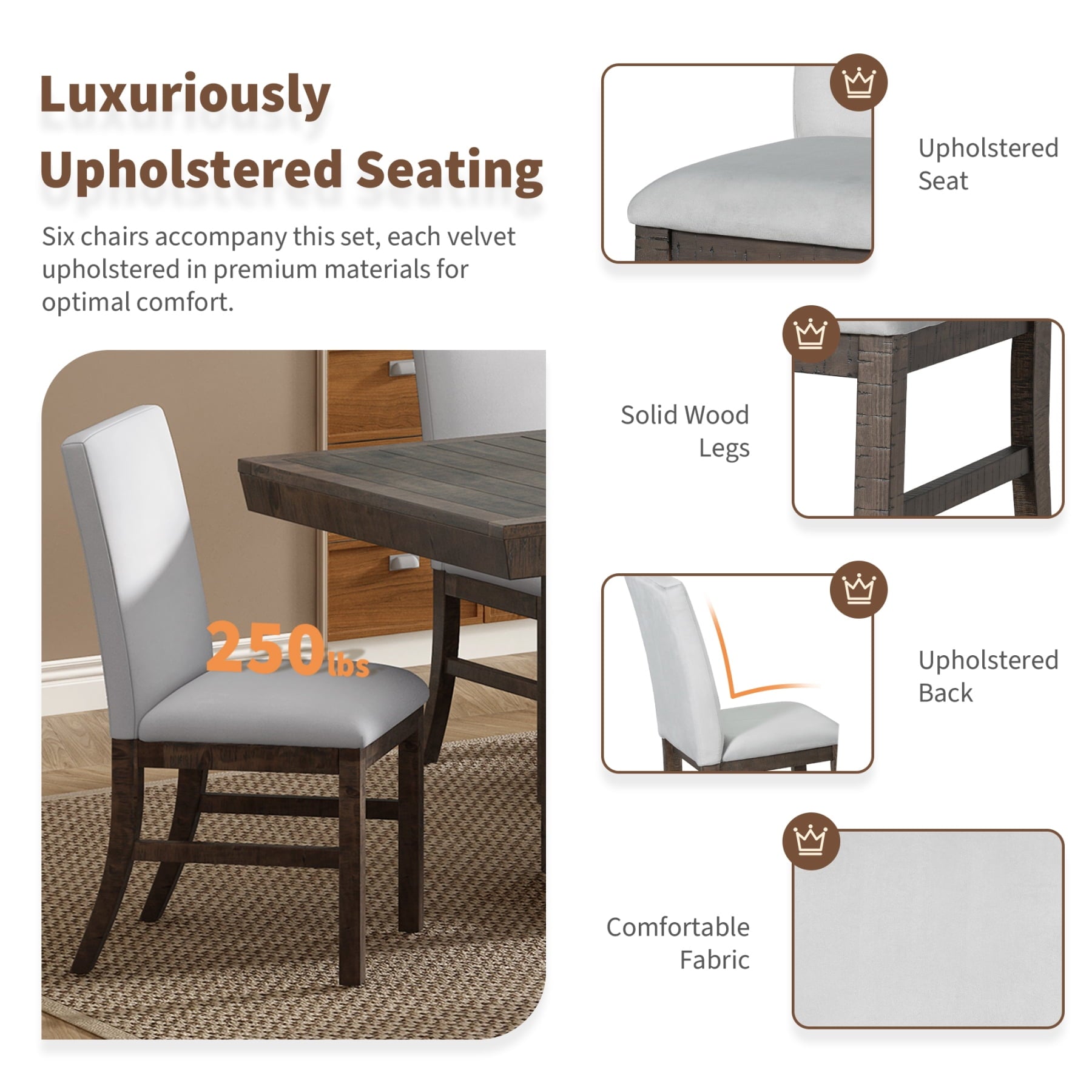 Harper & Bright Designs 7 Pieces Retro Dining Set for 6, Wood Rectangular Table with Designed Trestle Base and 6 Upholstered Chairs for Dining Room and Kitchen, Grey