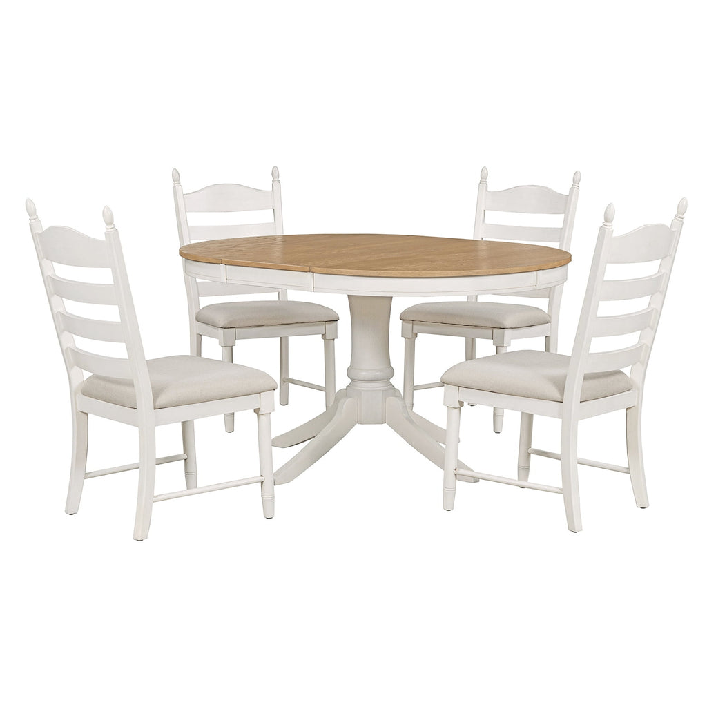 Harper & Bright Designs Farmhouse 5 Piece Kitchen Dining Table Set for 4, Solid Wood Extendable Round Dining Table Set and 4 Upholstered Chairs, Retro Dining Set for Kitchen, Natural Wood Wash