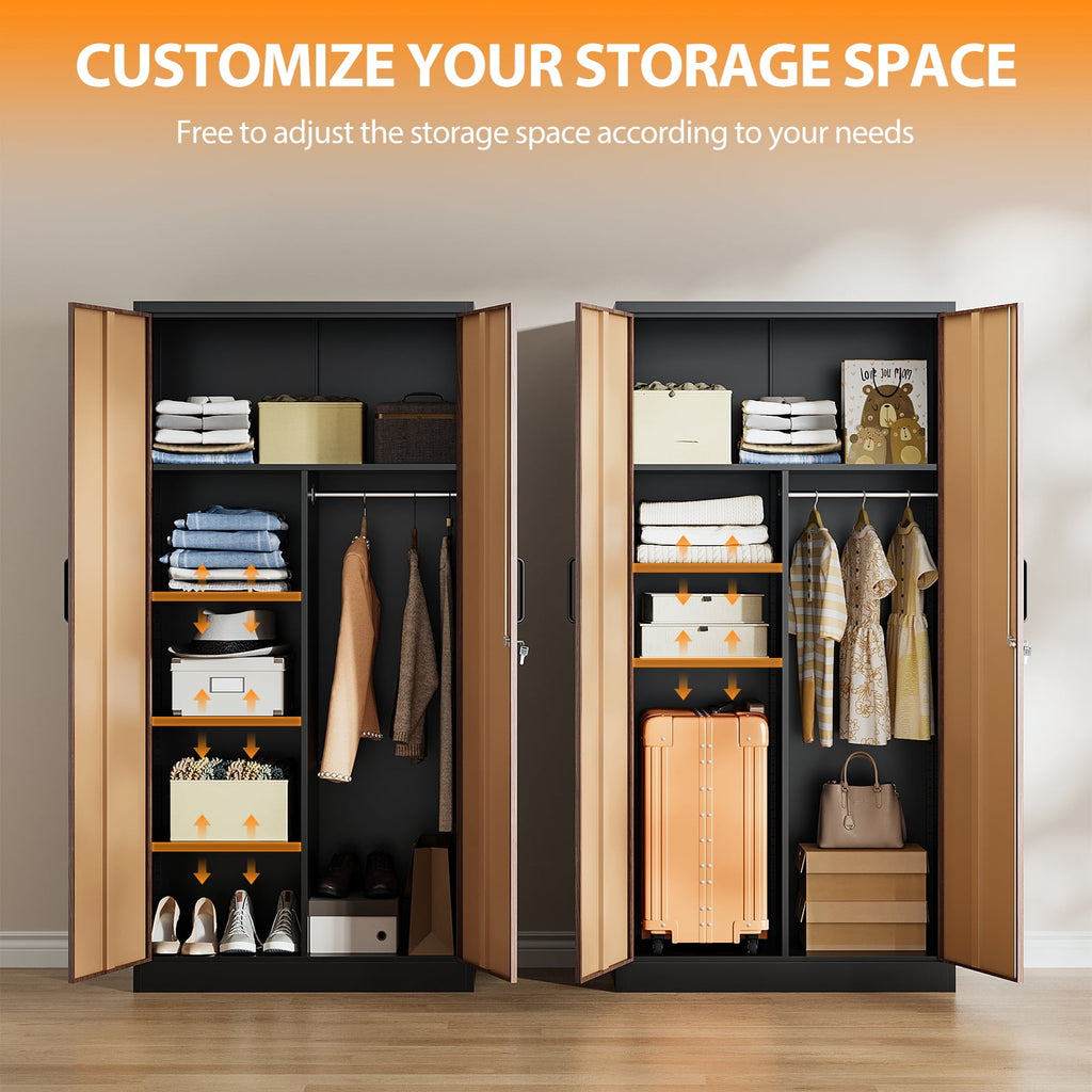 STANI Metal Wardrobe Closet with Hanging Rod, 72 White Armoire Wardrobe Cabinet with Adjustable Shelves, Clothes Storage Organizer Cabinets for Bedroom, Bathroom, Office