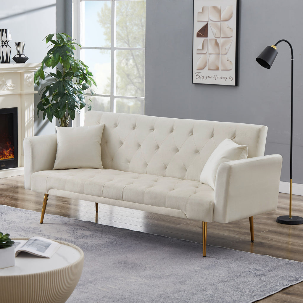 71 Inches Velvet Futon Sofa Bed with 2 Pillows,Modern Convertible Futon Couch with 3 Adjustable Backrest Angles and Gold Metal Feet,Suitable for Apartment,Living Room,Small Space,Pink