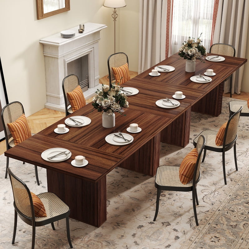 Hawsaiy 78 Rectangular Farmhouse Dining Table for 6–8, Large Kitchen Table with Grooved Wood Base, Thick Waterproof Top for Dining Room, Walnut